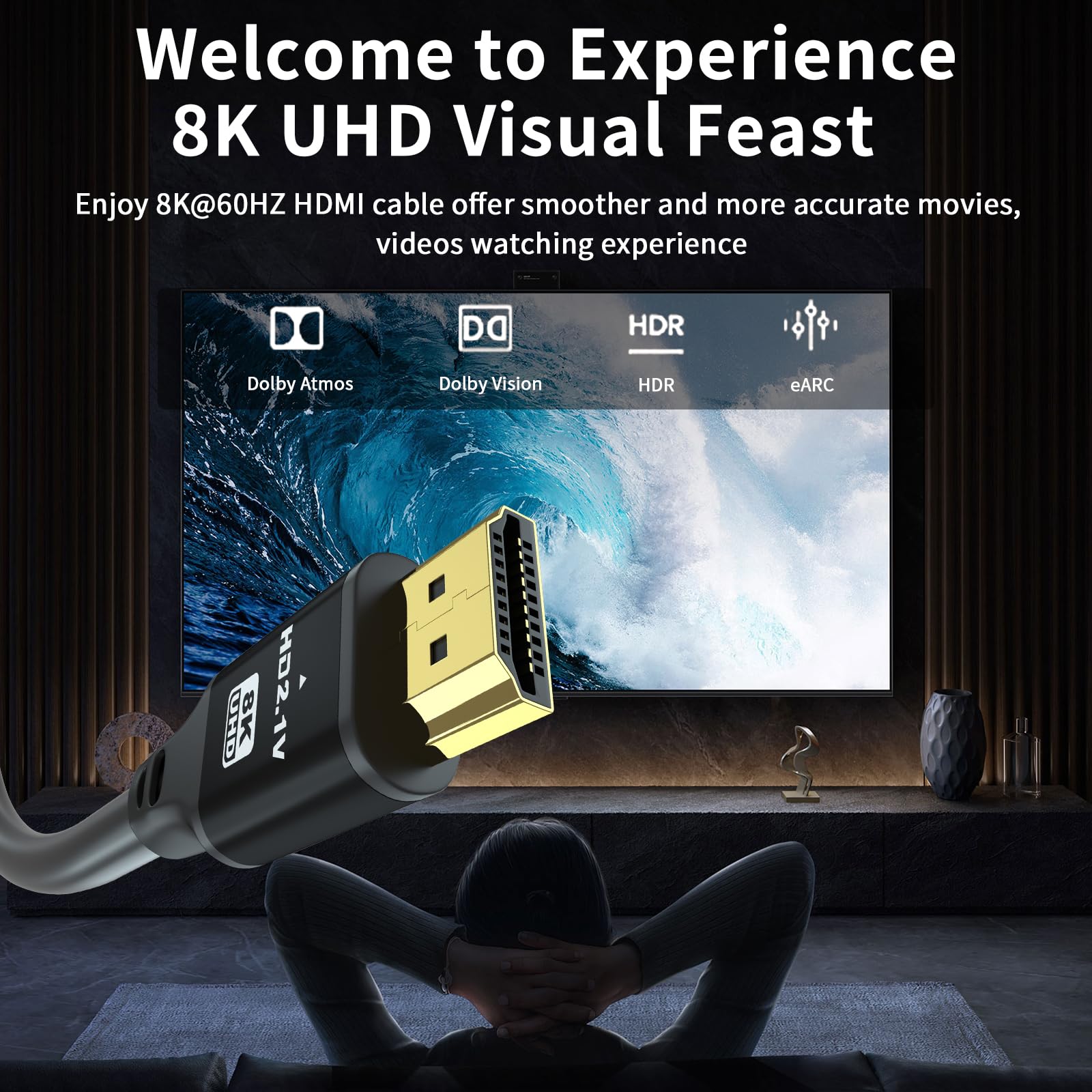 jojobnj Jojobnj 15ft HDMI Cable 48Gbps 8K 4K HDCP 2.2 2.3 Compatible with Roku TV PS5 Laptop Blu-ray High Speed Cable Black - View 3 of 7