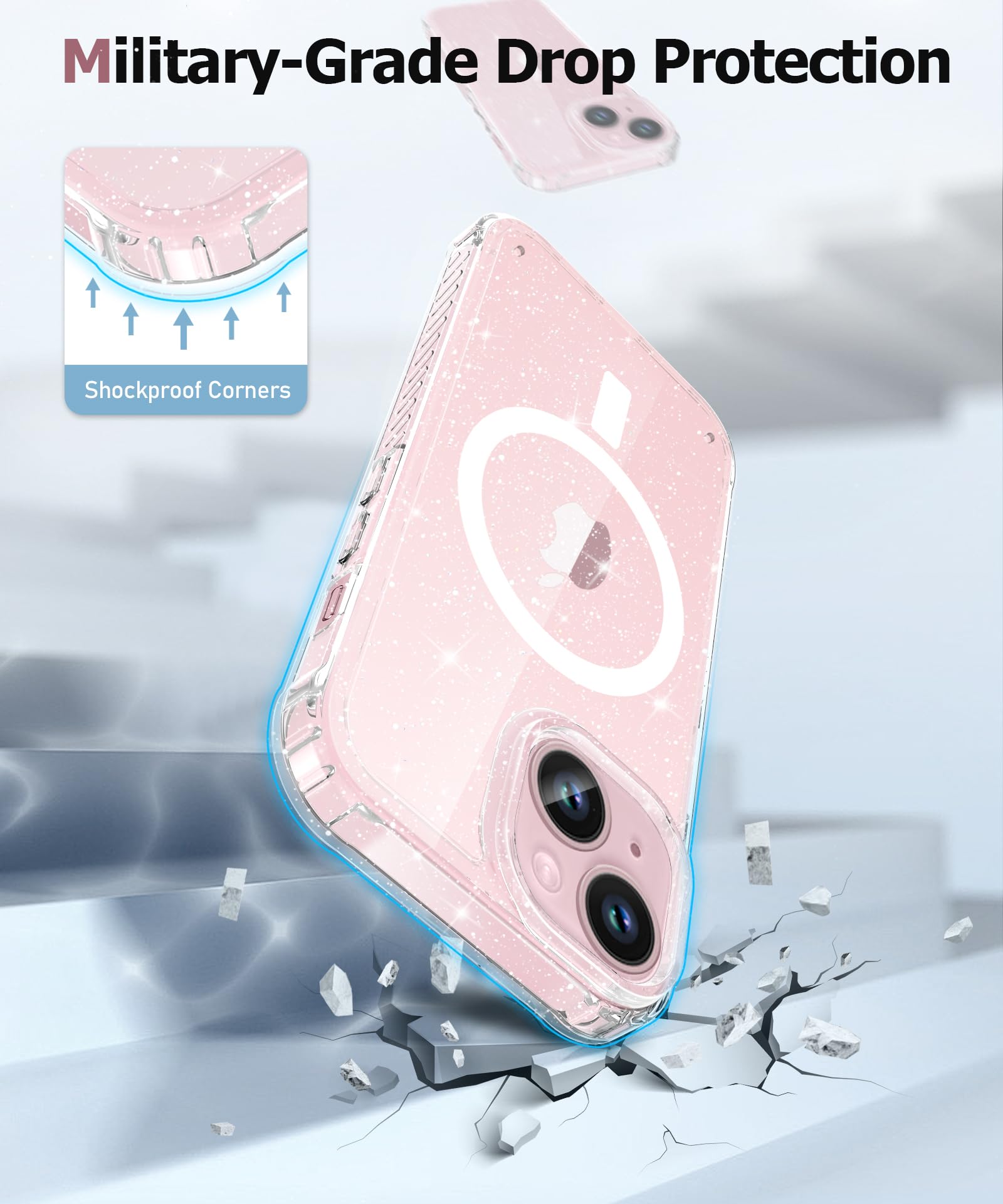 MIODIK MIODIK 5 in 1 iPhone 15 Plus Case Clear Glitter with Screen and Camera Protectors Cute Women Girls Cover Sparkle Clear - View 3 of 5