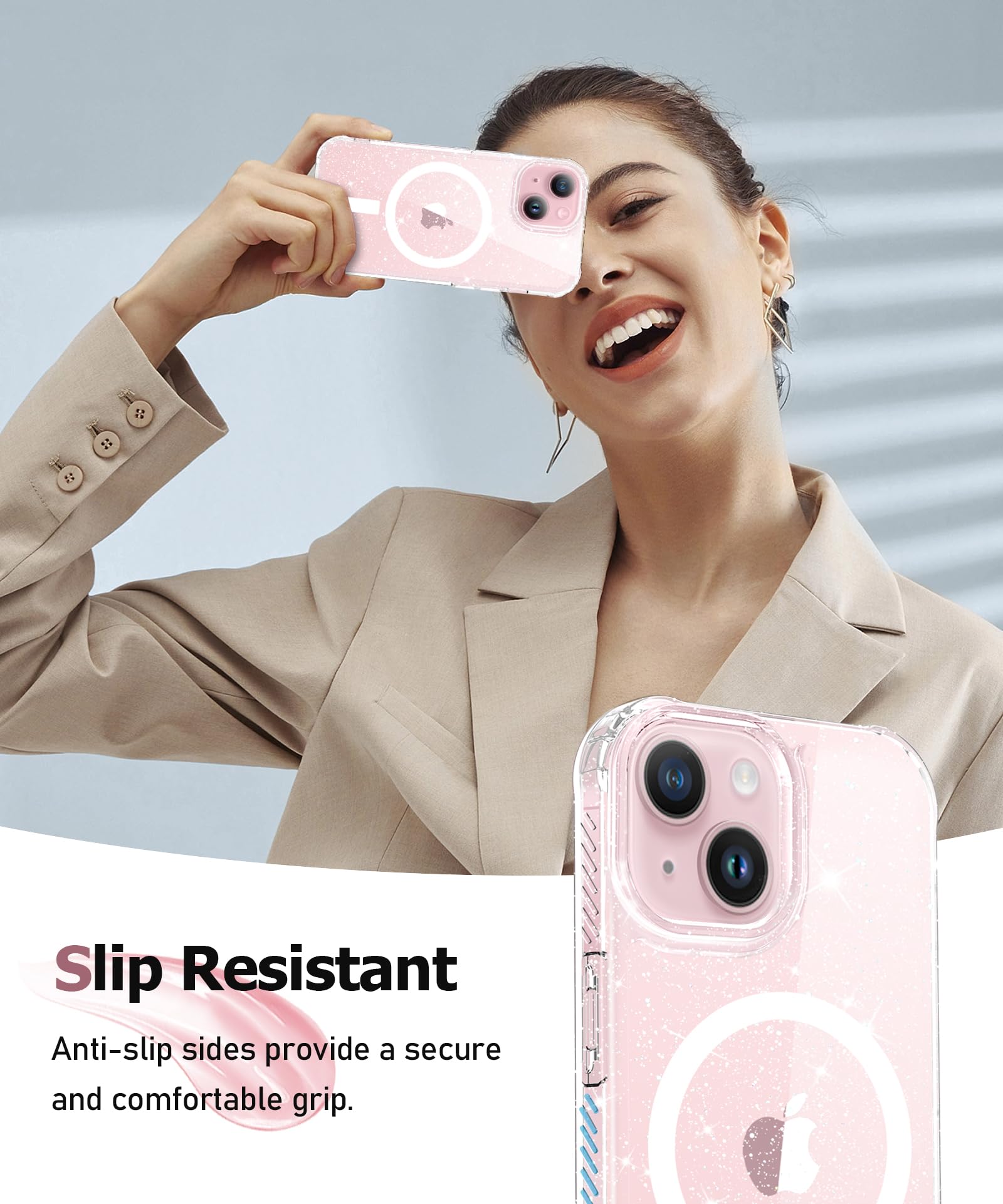 MIODIK MIODIK 5 in 1 iPhone 15 Plus Case Clear Glitter with Screen and Camera Protectors Cute Women Girls Cover Sparkle Clear - View 4 of 5