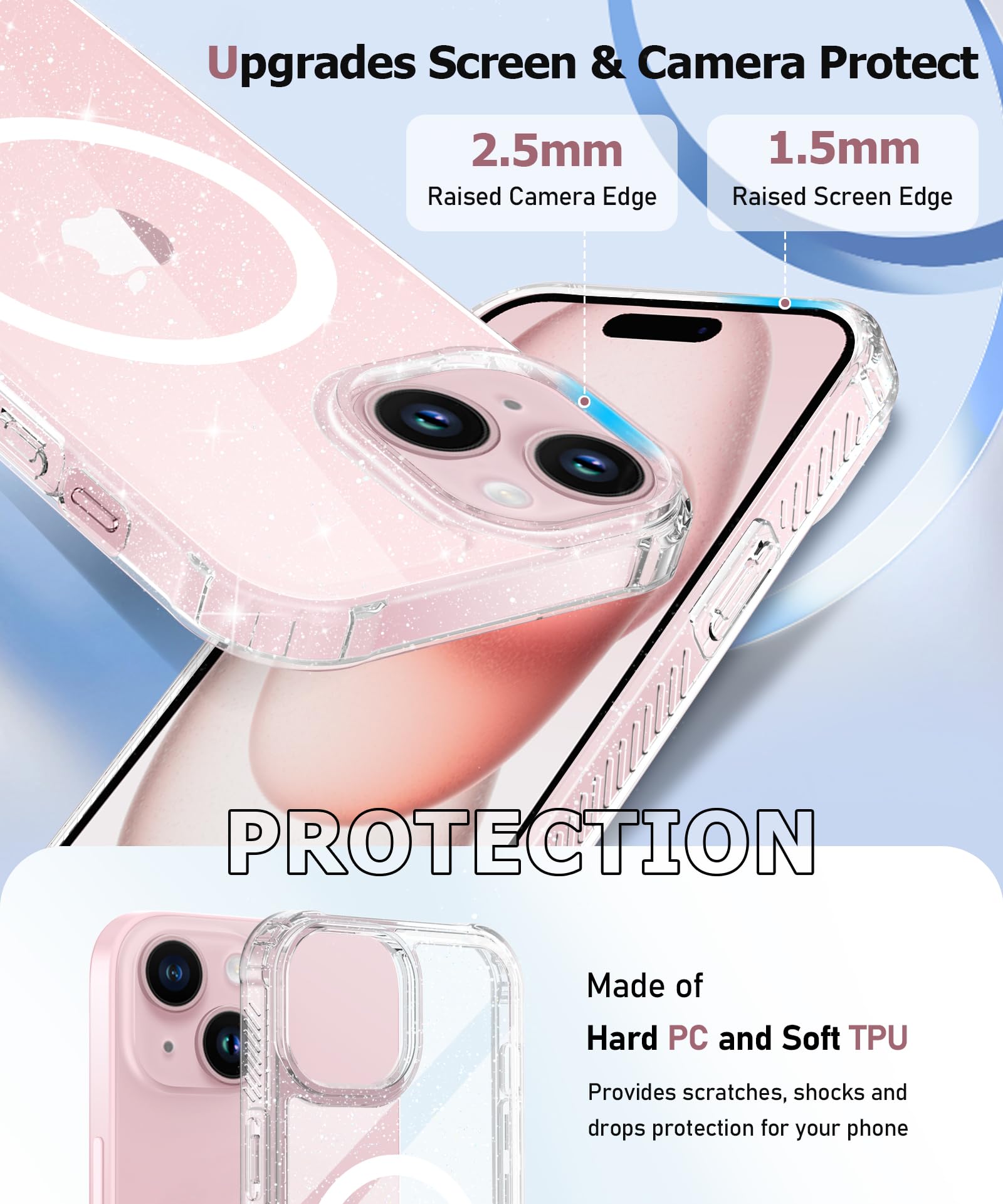 MIODIK MIODIK 5 in 1 iPhone 15 Plus Case Clear Glitter with Screen and Camera Protectors Cute Women Girls Cover Sparkle Clear - View 5 of 5