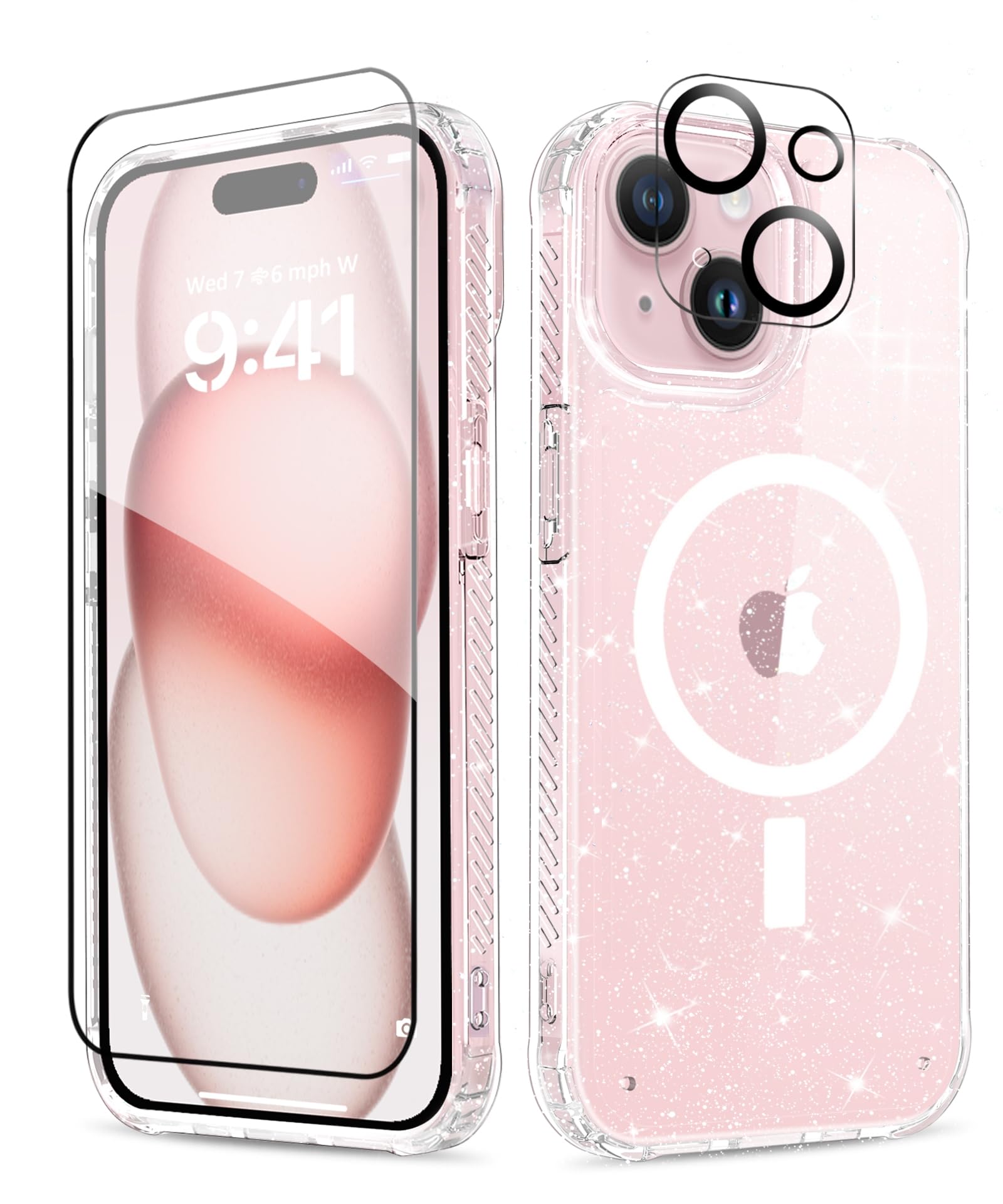 MIODIK MIODIK 5 in 1 iPhone 15 Plus Case Clear Glitter with Screen and Camera Protectors Cute Women Girls Cover Sparkle Clear