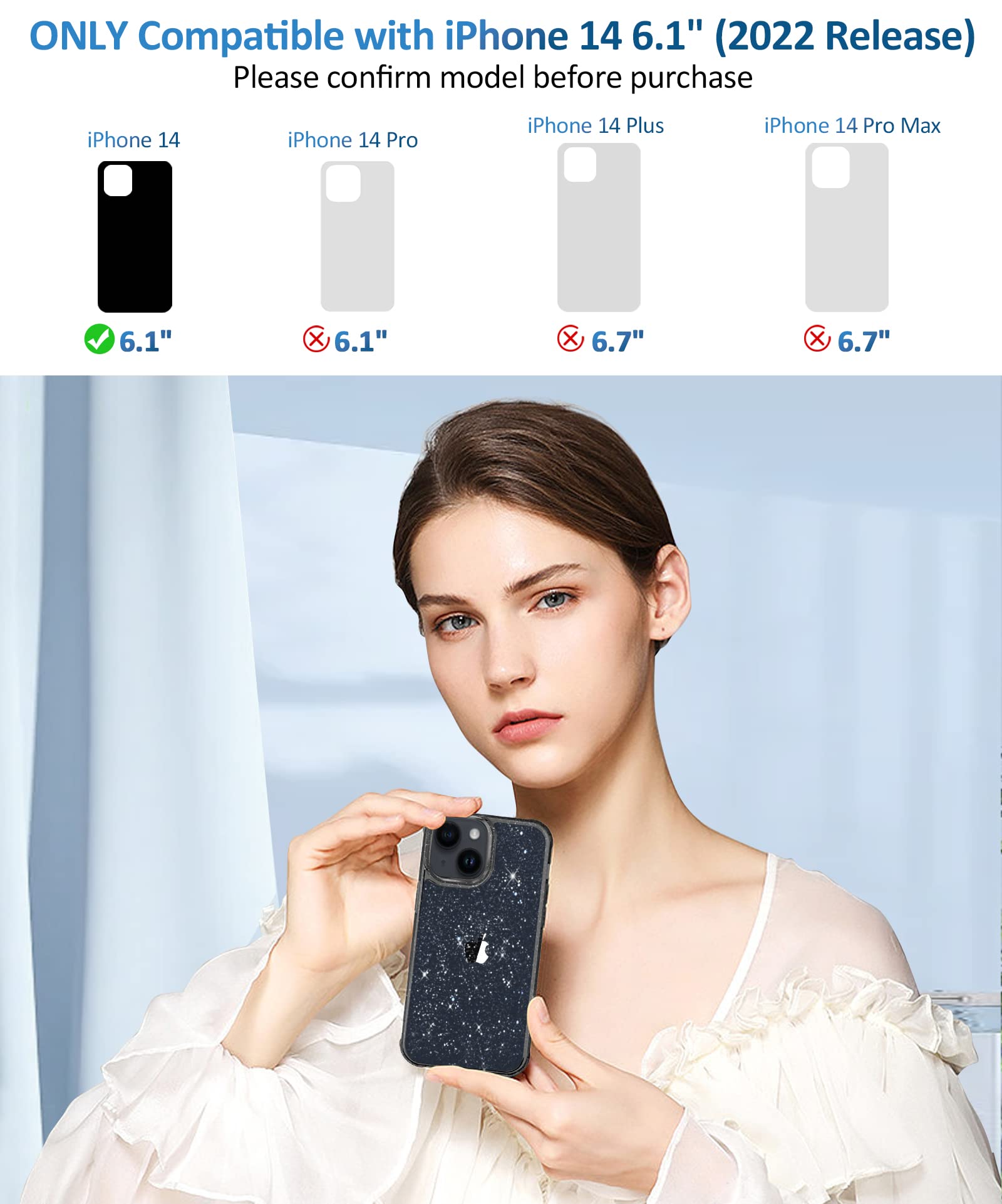 MIODIK MIODIK iPhone 15 Case with Screen and Camera Protectors Clear Glitter Shockproof Women Cover 6.1 Inch Black - View 2 of 7