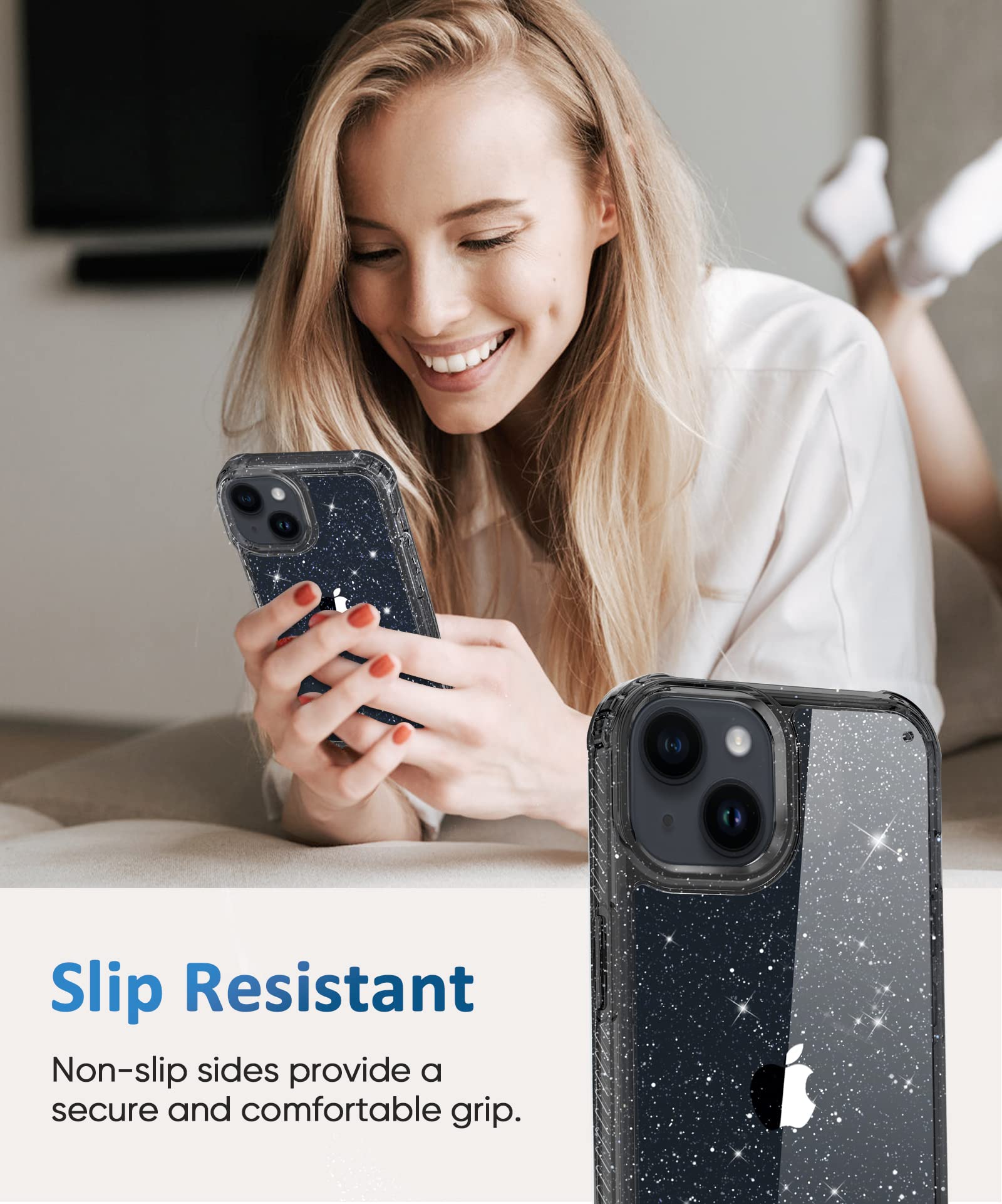 MIODIK MIODIK iPhone 15 Case with Screen and Camera Protectors Clear Glitter Shockproof Women Cover 6.1 Inch Black - View 5 of 7