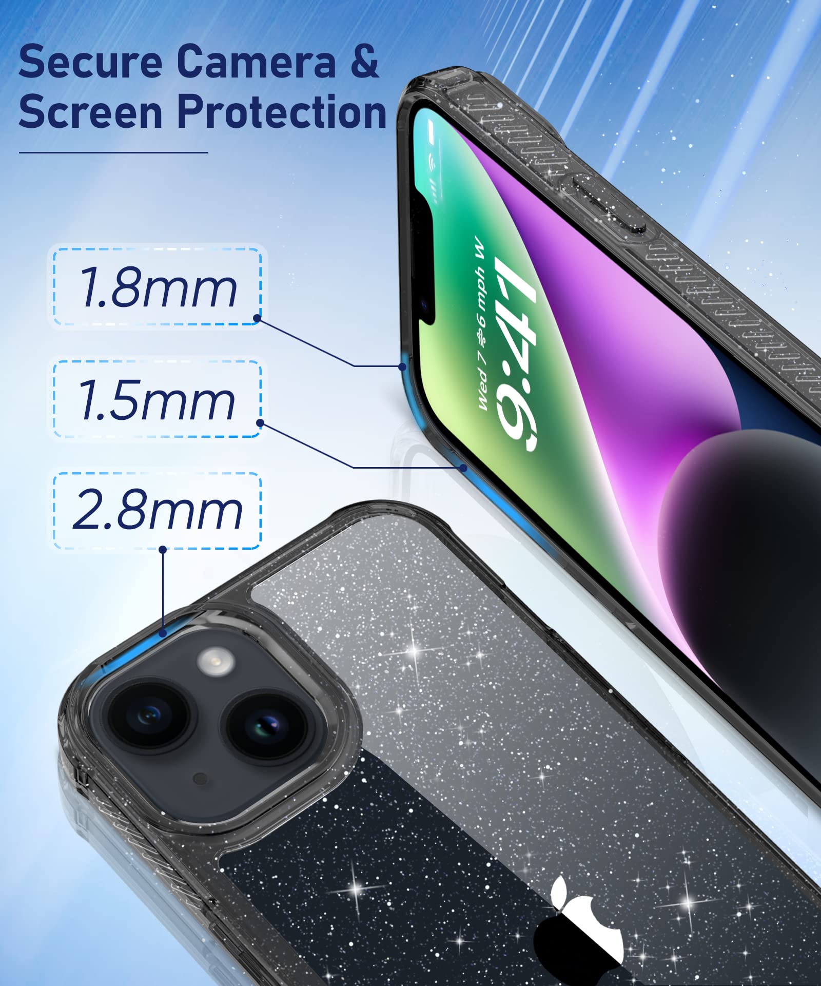 MIODIK MIODIK iPhone 15 Case with Screen and Camera Protectors Clear Glitter Shockproof Women Cover 6.1 Inch Black - View 6 of 7