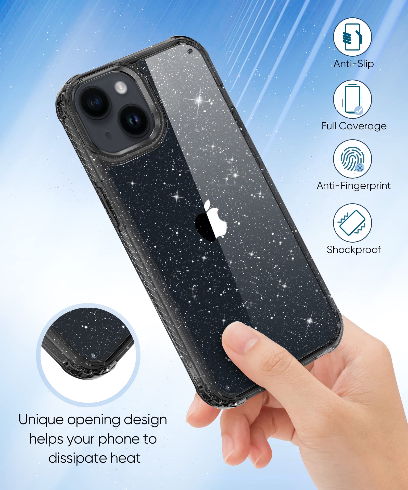 MIODIK MIODIK iPhone 15 Case with Screen and Camera Protectors Clear Glitter Shockproof Women Cover 6.1 Inch Black - View 7 of 7