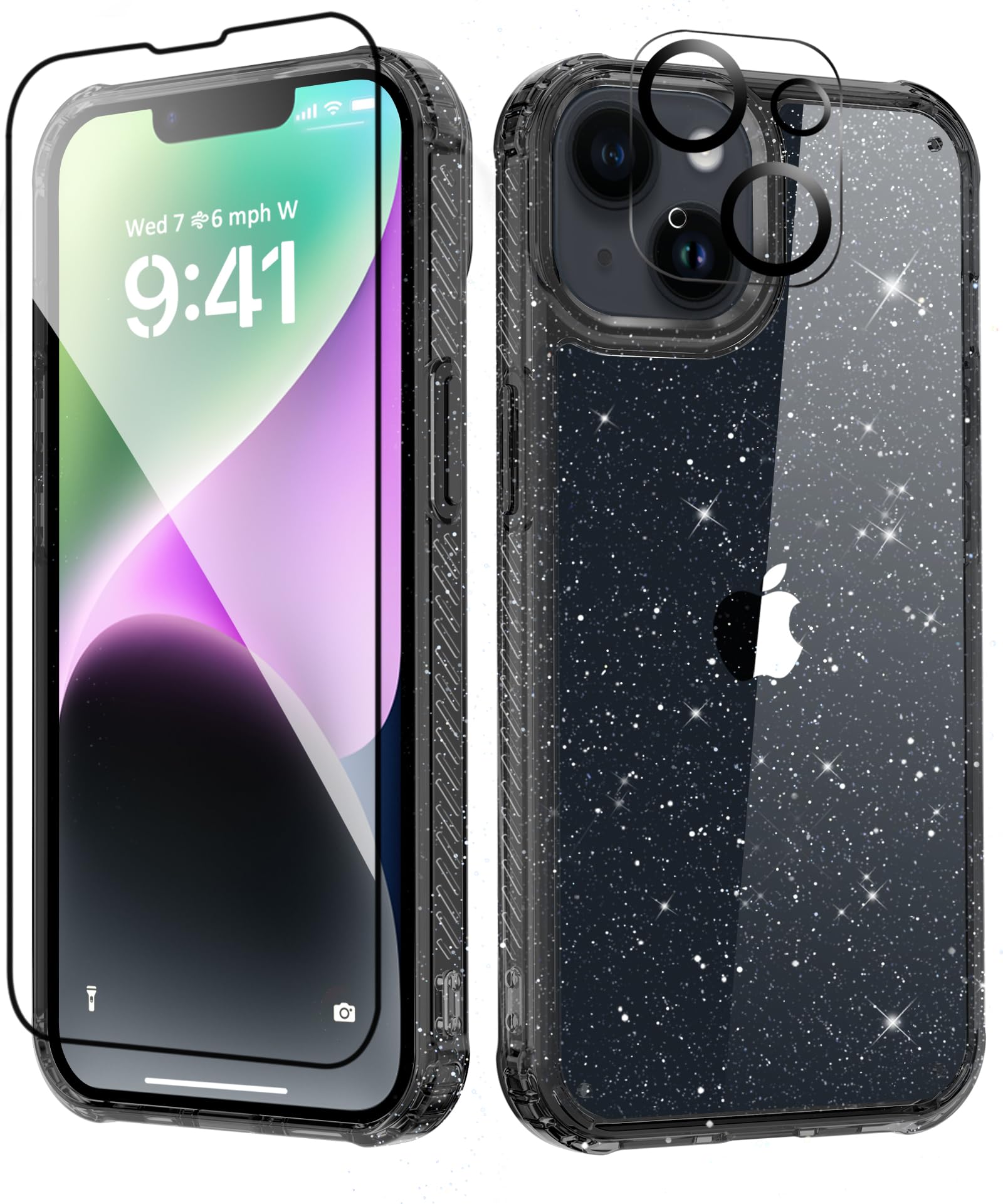 MIODIK MIODIK iPhone 15 Case with Screen and Camera Protectors Clear Glitter Shockproof Women Cover 6.1 Inch Black