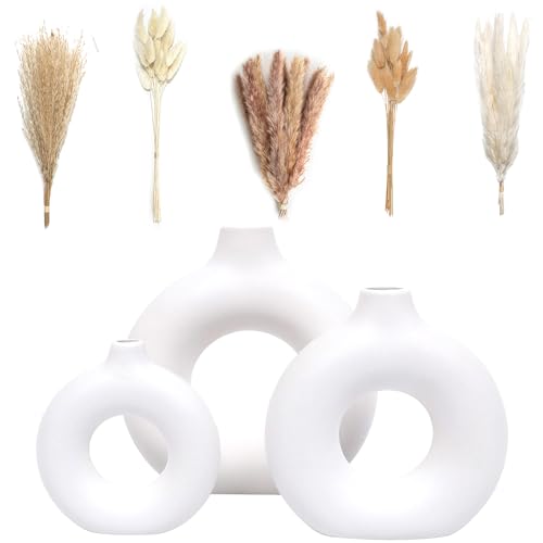 VELOVA VELOVA Set of 3 White Ceramic Vases with Dried Pampas Grass for Aesthetic Boho Decor in Living Room Bedroom Office Gifts for Women and Moms