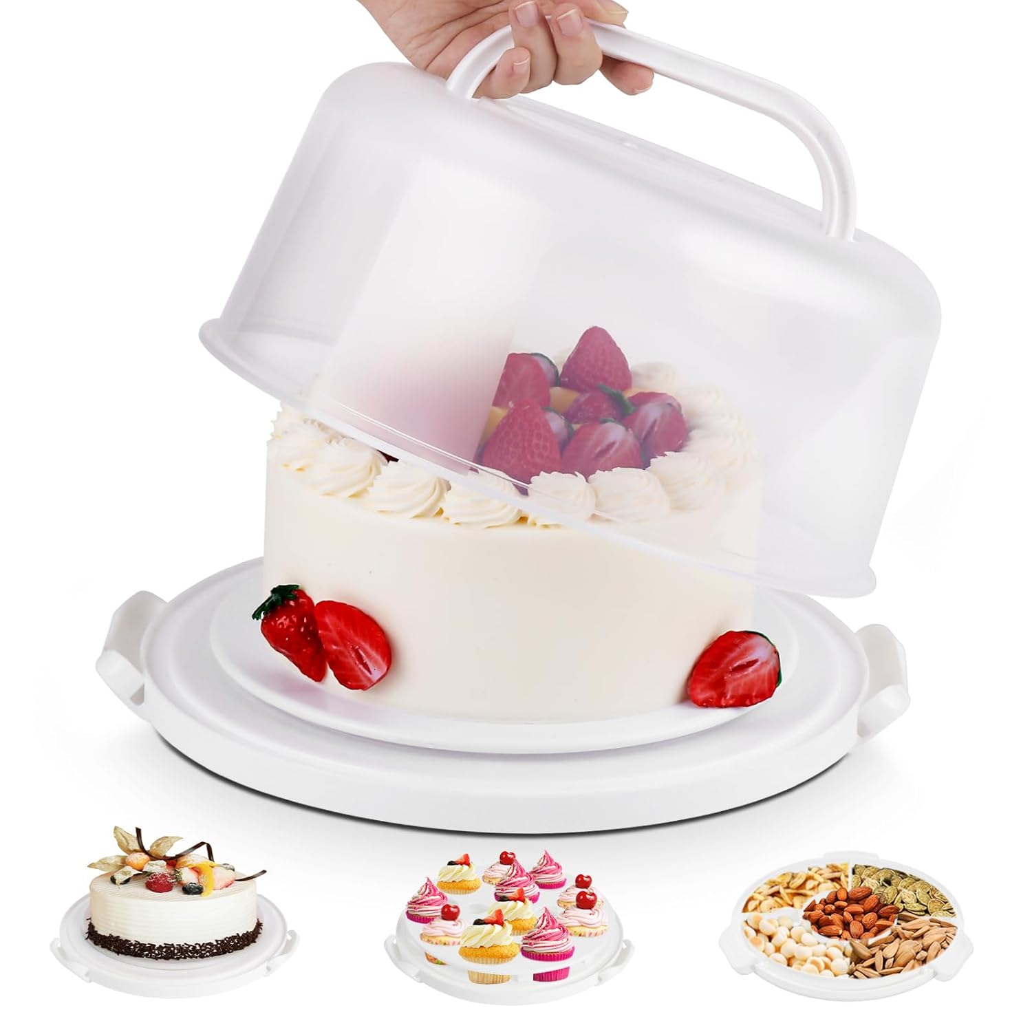 Mamajardin Multipurpose Cake Carrier with Lid and Handle Fits 10 Inch Cakes and 11 Cupcakes Portable Serving Tray White