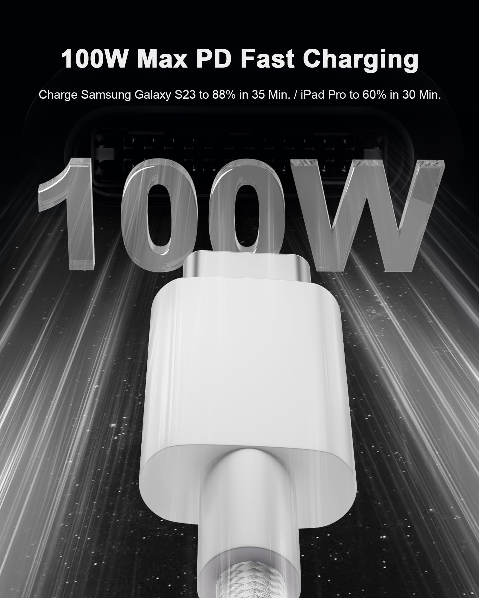 TSKYBEAR USB C to USB C Cable 100W Fast Charging for iPhone 15 Pro Max Samsung S23 iPad Pro MacBook Pixel 6.6Ft Nylon Gray - View 2 of 8