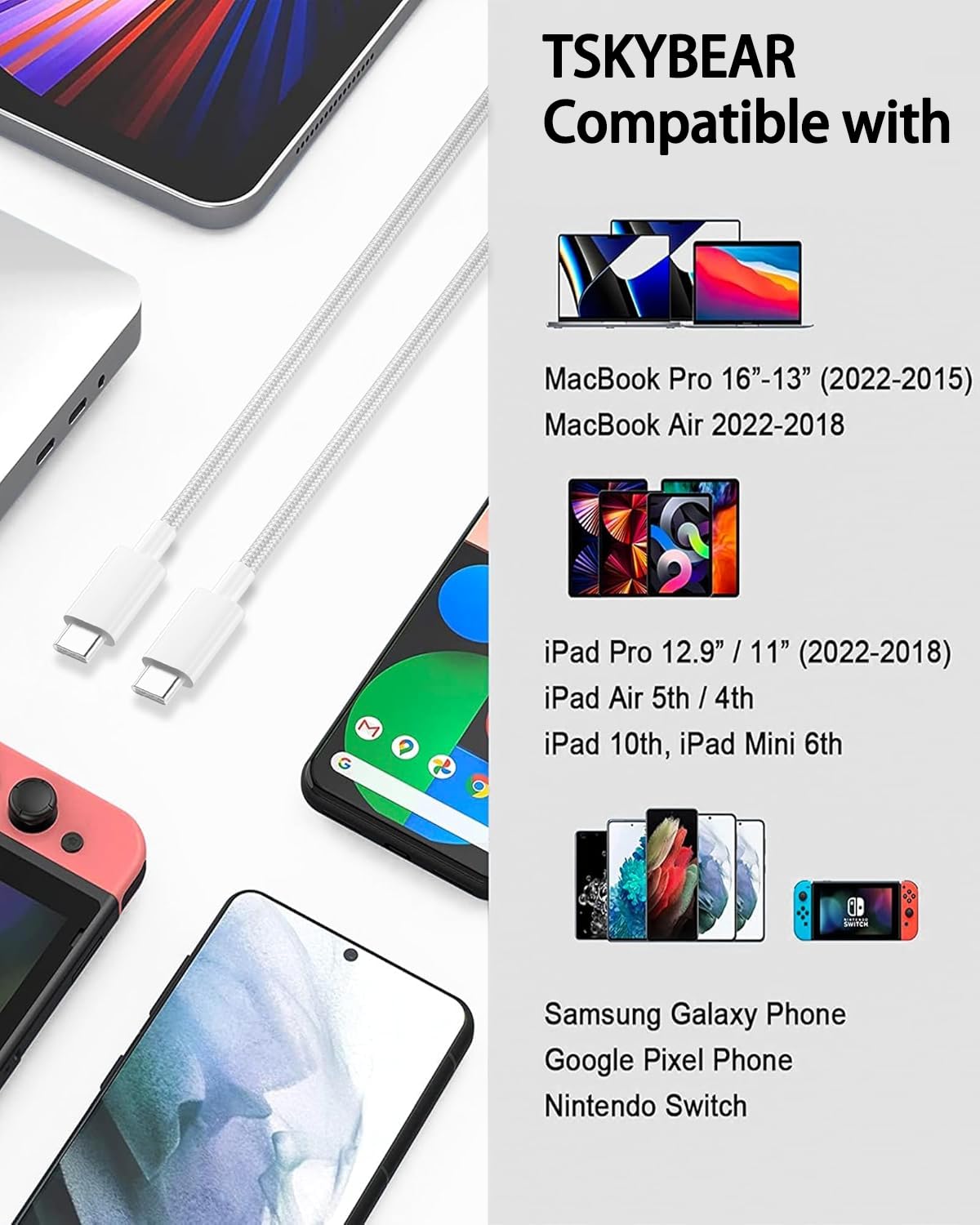 TSKYBEAR USB C to USB C Cable 100W Fast Charging for iPhone 15 Pro Max Samsung S23 iPad Pro MacBook Pixel 6.6Ft Nylon Gray - View 5 of 8