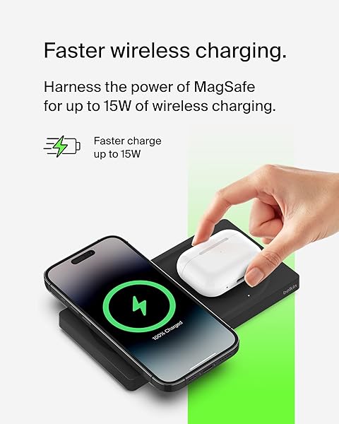 Belkin Belkin 2-in-1 Wireless Charging Pad with MagSafe 15W Fast Charging for iPhone 16 15 14 13 AirPods and MagSafe Devices Black - View 3 of 8