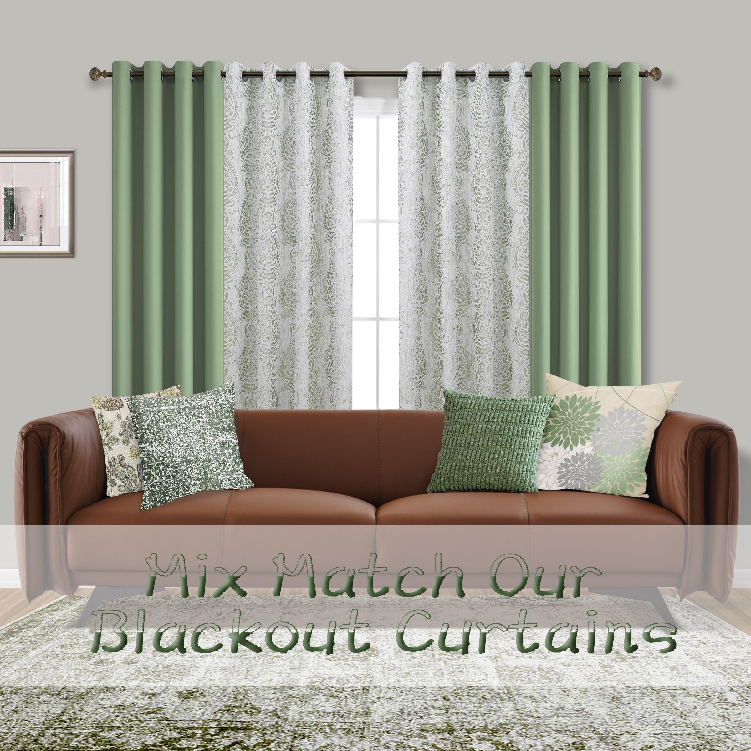 Mrs.Naturall Sage Green 84 Inch Curtains Set of 2 Light Filtering Distressed Damask Pattern Room Darkening Drapes for Living Room and Bedroom - View 2 of 7
