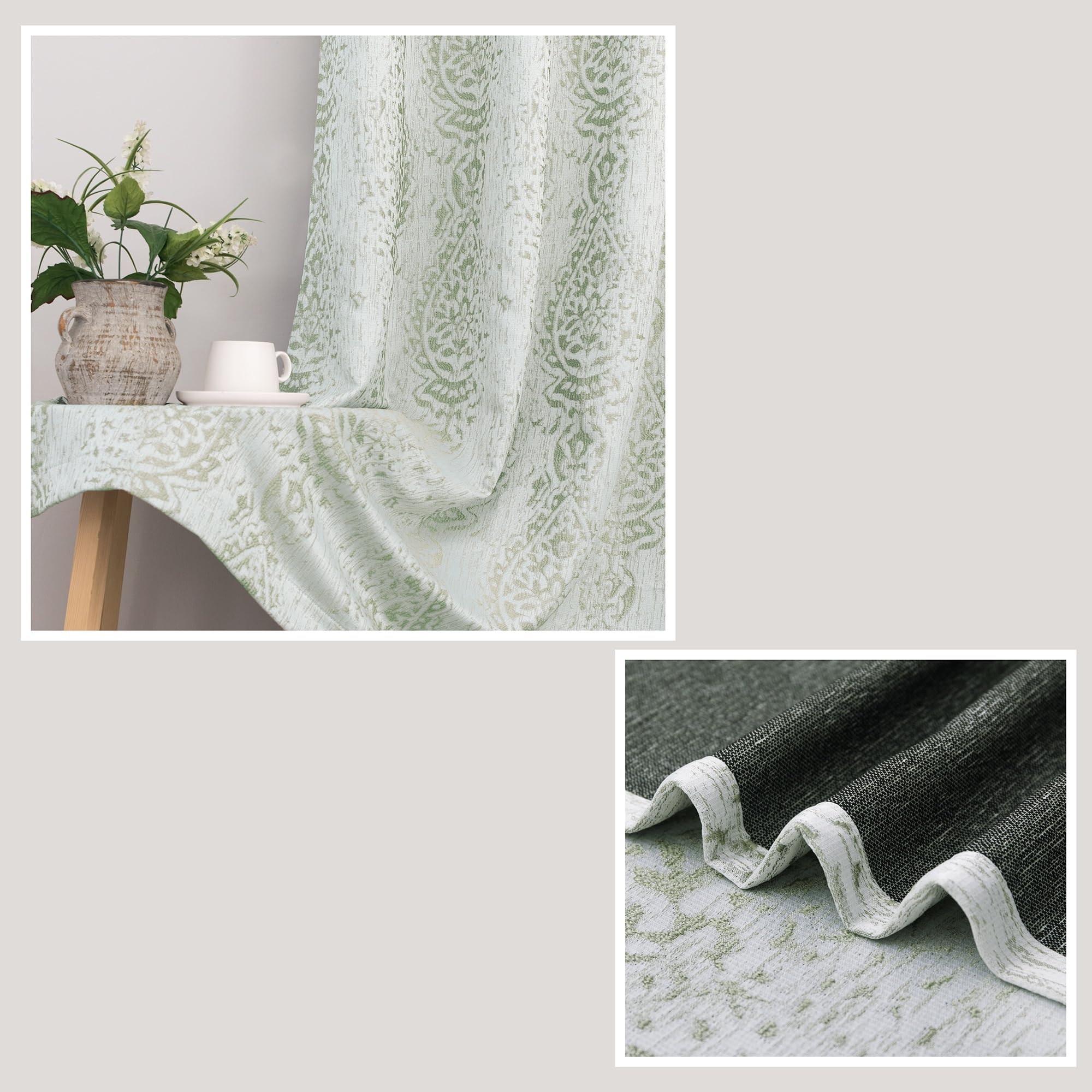 Mrs.Naturall Sage Green 84 Inch Curtains Set of 2 Light Filtering Distressed Damask Pattern Room Darkening Drapes for Living Room and Bedroom - View 6 of 7