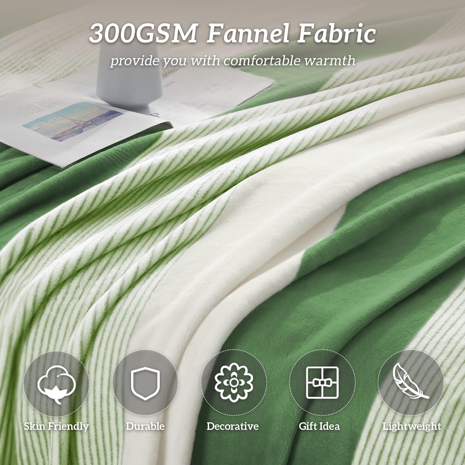 Homelike Moment Homelike Moment Green Fleece Throw Blanket Soft Fluffy Cozy Plush Flannel for Couch Sofa Lightweight Comfy Warm Striped 50x60IN - View 3 of 7