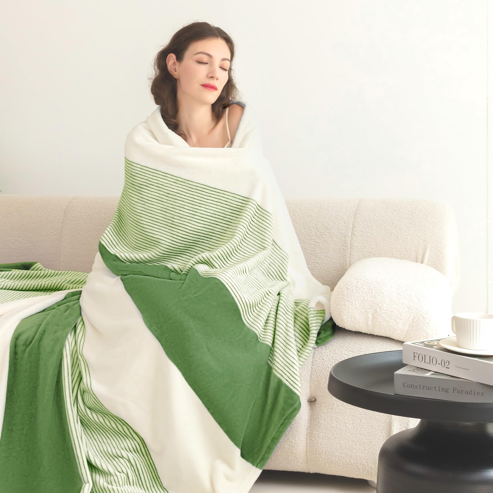 Homelike Moment Homelike Moment Green Fleece Throw Blanket Soft Fluffy Cozy Plush Flannel for Couch Sofa Lightweight Comfy Warm Striped 50x60IN - View 4 of 7