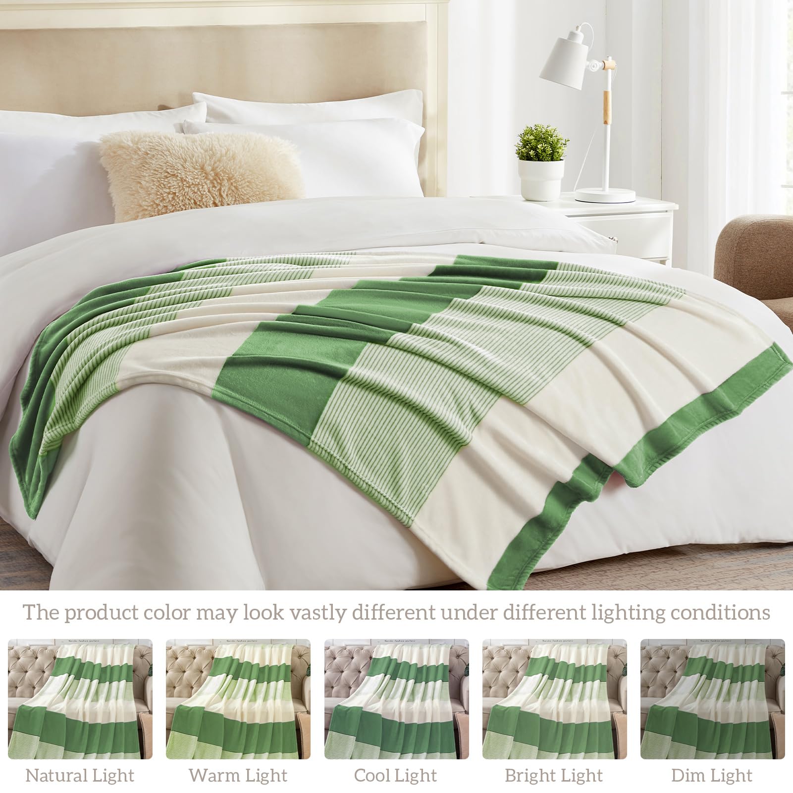 Homelike Moment Homelike Moment Green Fleece Throw Blanket Soft Fluffy Cozy Plush Flannel for Couch Sofa Lightweight Comfy Warm Striped 50x60IN - View 5 of 7