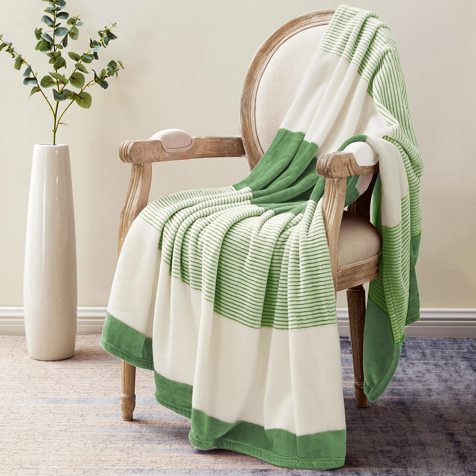 Homelike Moment Homelike Moment Green Fleece Throw Blanket Soft Fluffy Cozy Plush Flannel for Couch Sofa Lightweight Comfy Warm Striped 50x60IN