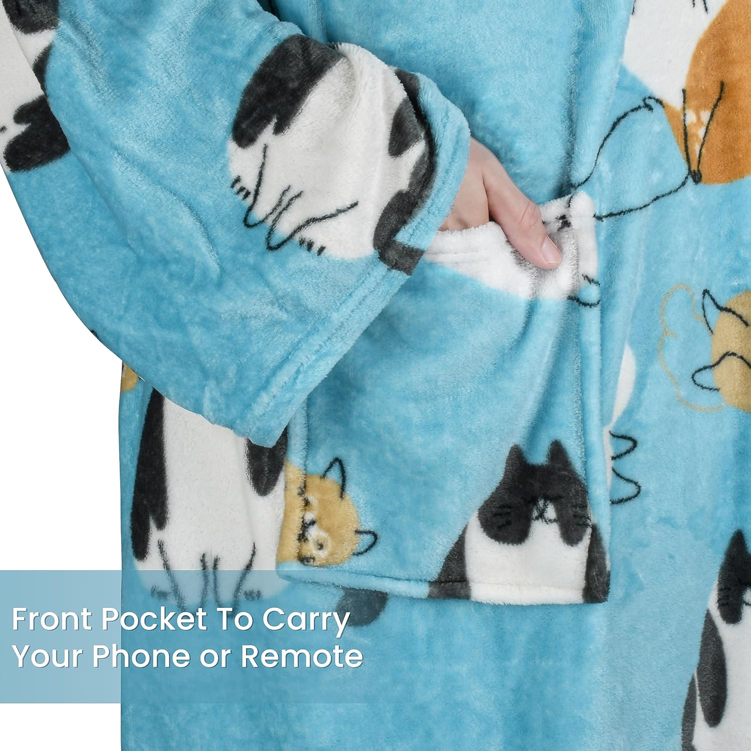 Catalonia Catalonia Wearable Fleece Blanket with Sleeves and Foot Pockets for Adults Micro Plush Comfy Wrap Throw Blanket Robe in Blue Cat Design - View 3 of 7
