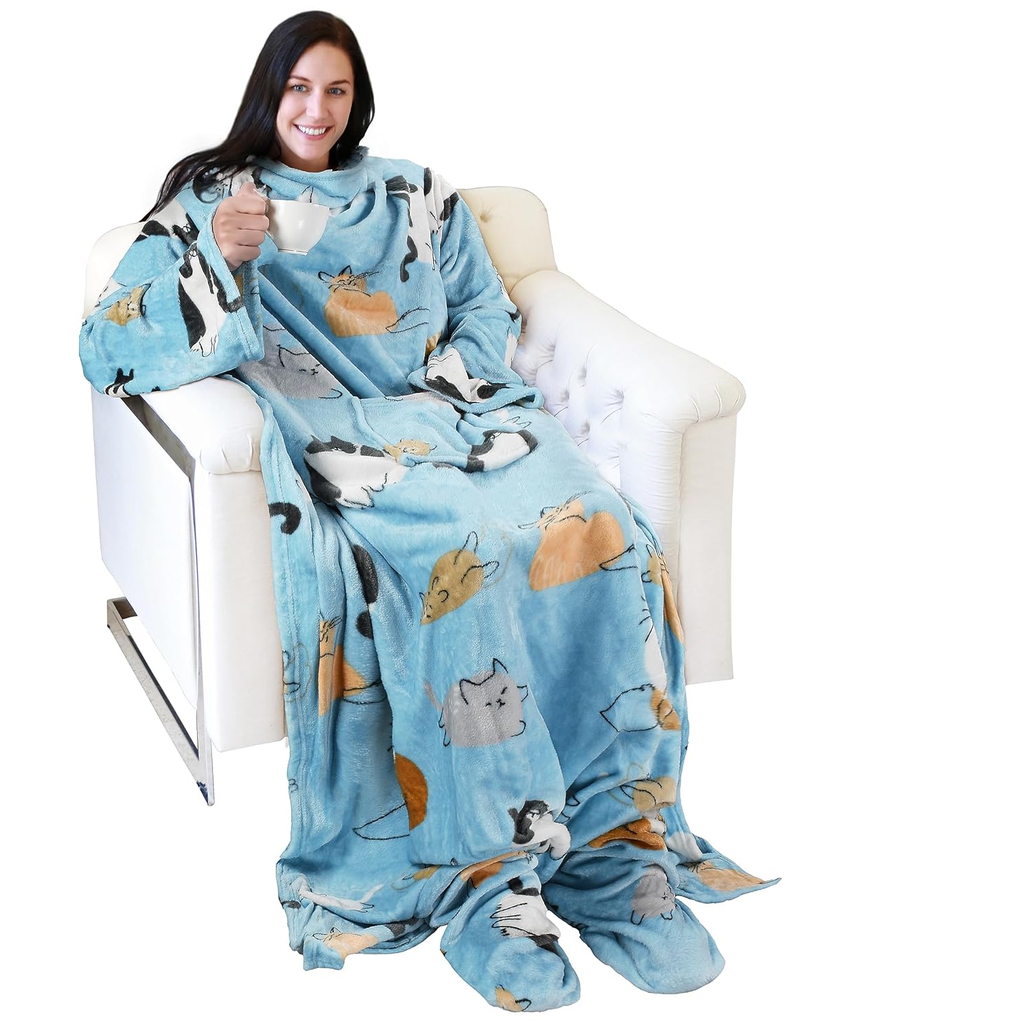 Catalonia Catalonia Wearable Fleece Blanket with Sleeves and Foot Pockets for Adults Micro Plush Comfy Wrap Throw Blanket Robe in Blue Cat Design