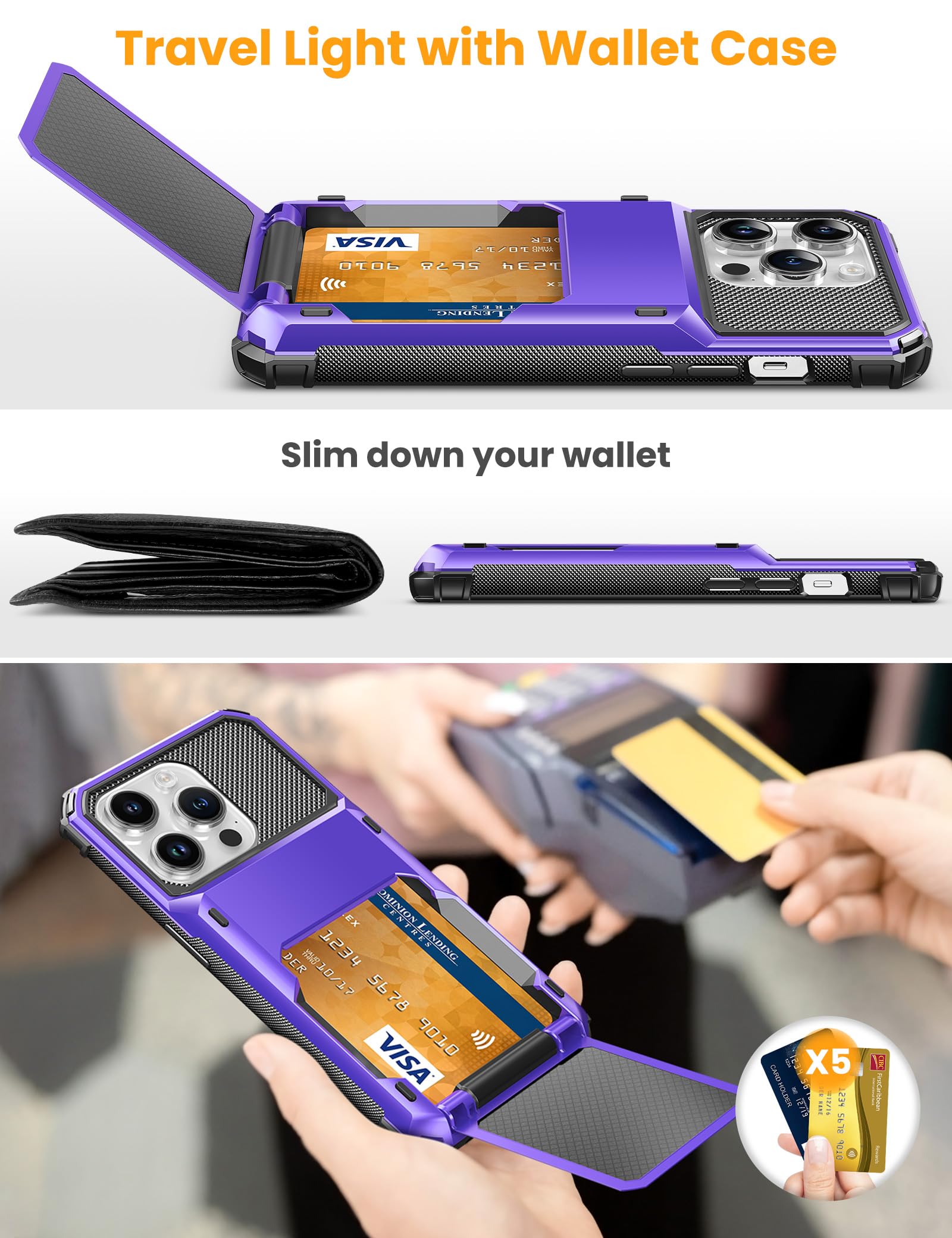 TITACUTE TITACUTE iPhone 15 Pro Max Case Wallet with 5 Card Slots Scratch Resistant Hard Shell Hybrid Bumper Armor Purple - View 3 of 7