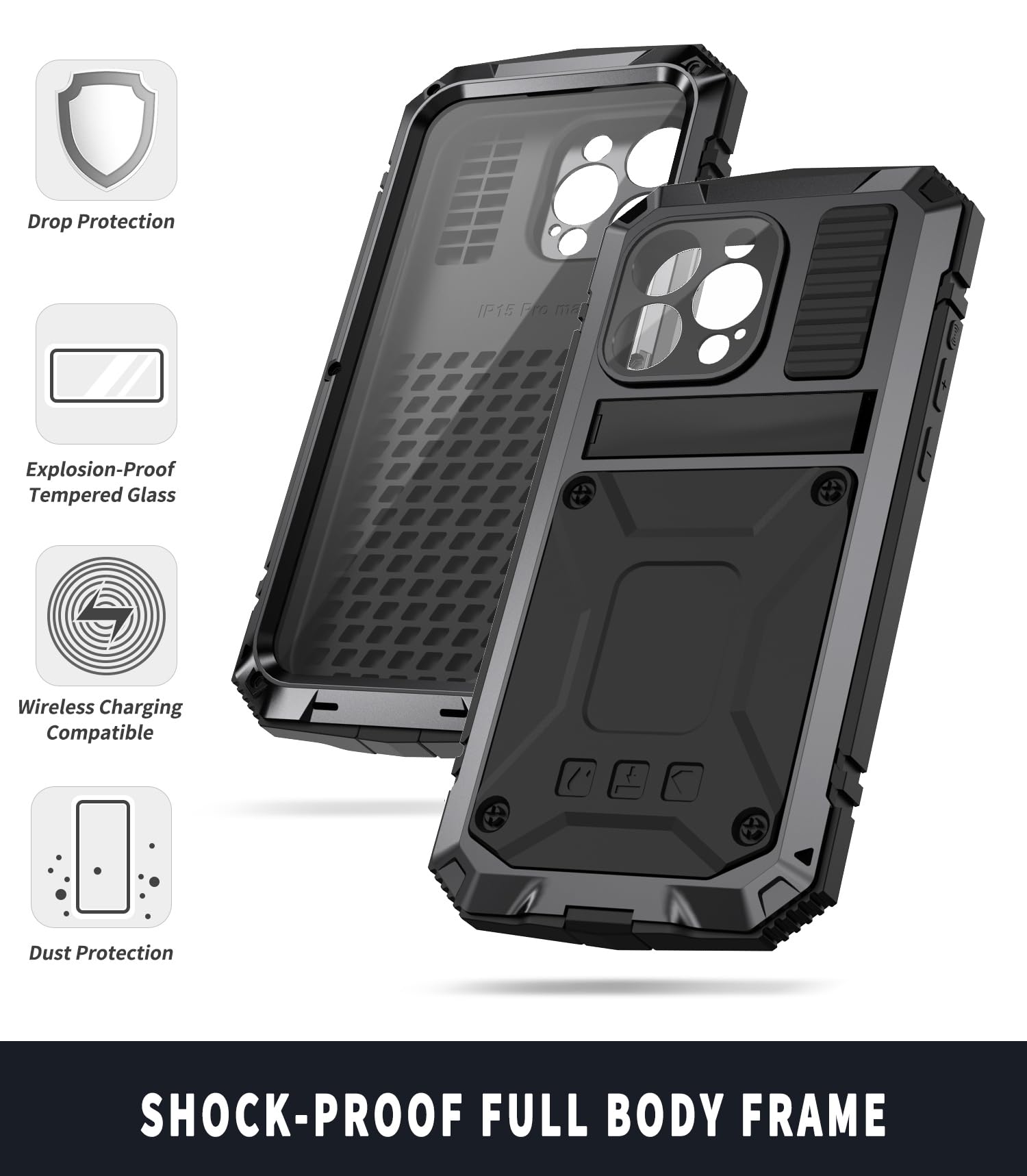 Simicoo Simicoo iPhone 15 Pro Max Metal Case with Screen Protector and Kickstand Rugged Heavy Duty Shockproof Full Body Dustproof Black - View 2 of 8