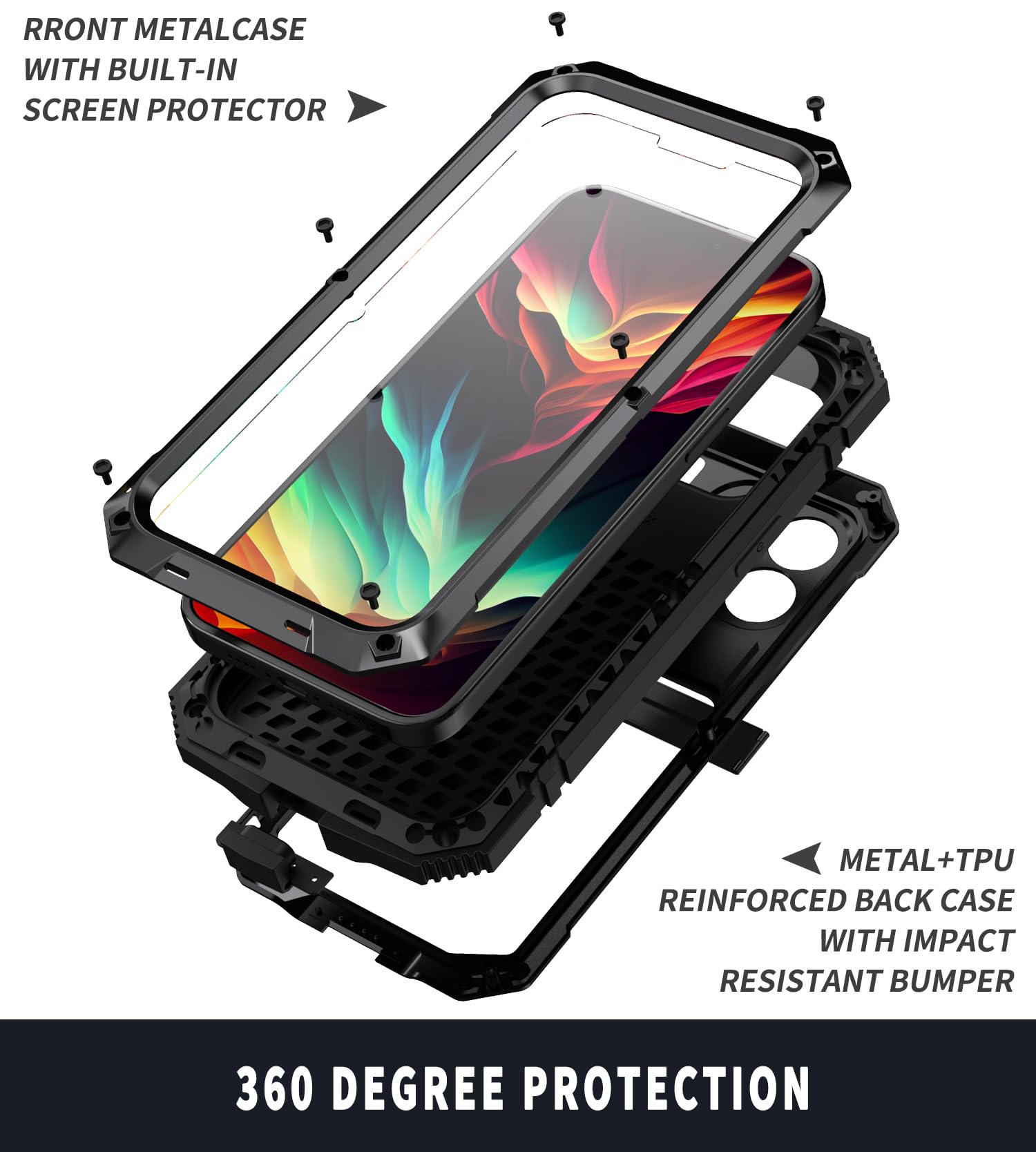 Simicoo Simicoo iPhone 15 Pro Max Metal Case with Screen Protector and Kickstand Rugged Heavy Duty Shockproof Full Body Dustproof Black - View 3 of 8