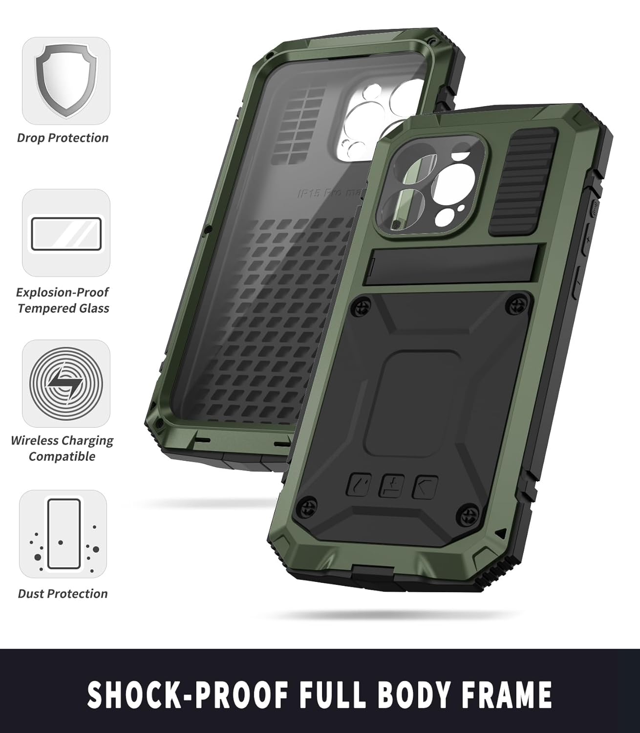 Simicoo Simicoo iPhone 15 Pro Max Metal Case with Screen Protector and Kickstand Rugged Heavy Duty Shockproof Full Body Tough Dustproof Green - View 2 of 7