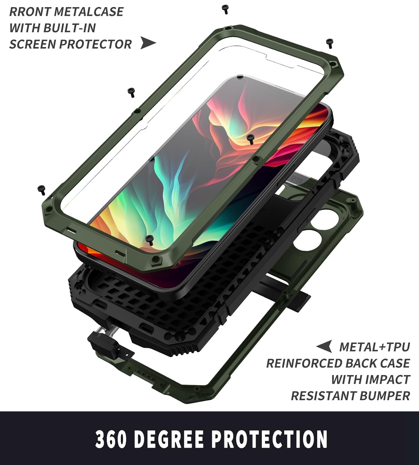 Simicoo Simicoo iPhone 15 Pro Max Metal Case with Screen Protector and Kickstand Rugged Heavy Duty Shockproof Full Body Tough Dustproof Green - View 3 of 7