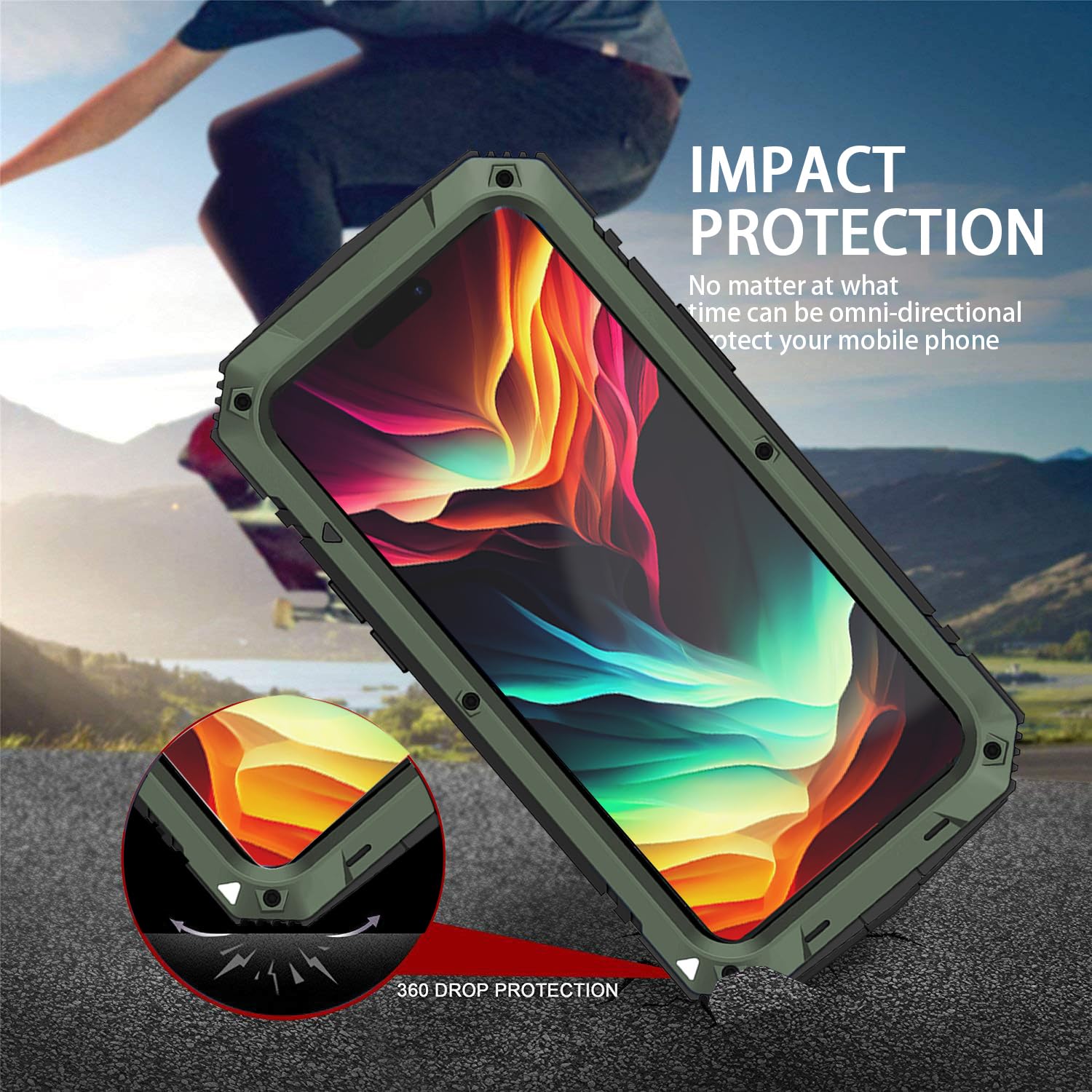 Simicoo Simicoo iPhone 15 Pro Max Metal Case with Screen Protector and Kickstand Rugged Heavy Duty Shockproof Full Body Tough Dustproof Green - View 5 of 7