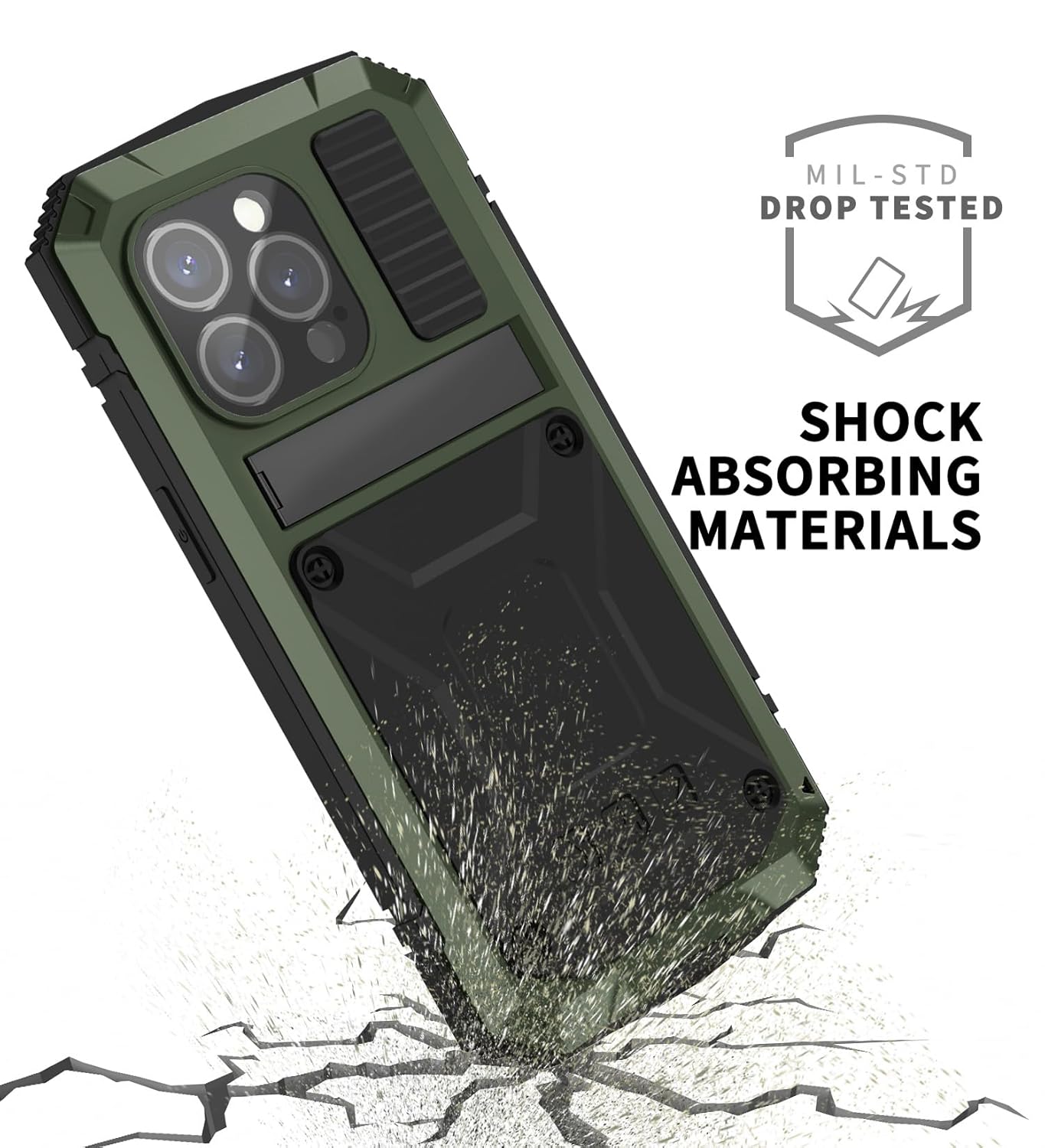 Simicoo Simicoo iPhone 15 Pro Max Metal Case with Screen Protector and Kickstand Rugged Heavy Duty Shockproof Full Body Tough Dustproof Green - View 6 of 7