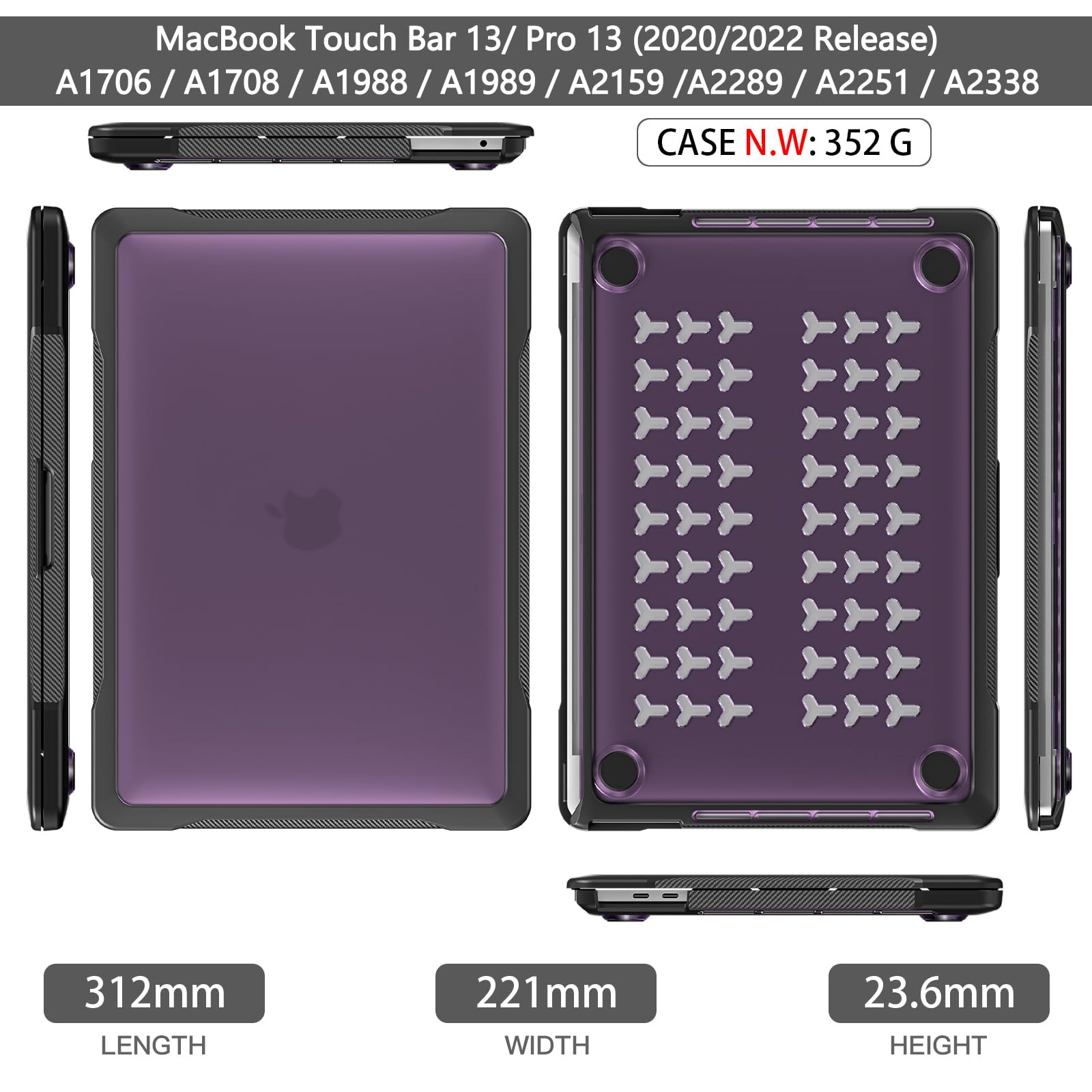 Batianda Ultimate Protection Case for MacBook Pro 13 inch A2338 M2 M1 Shockproof with Keyboard Cover Screen Protector Purple - View 6 of 7