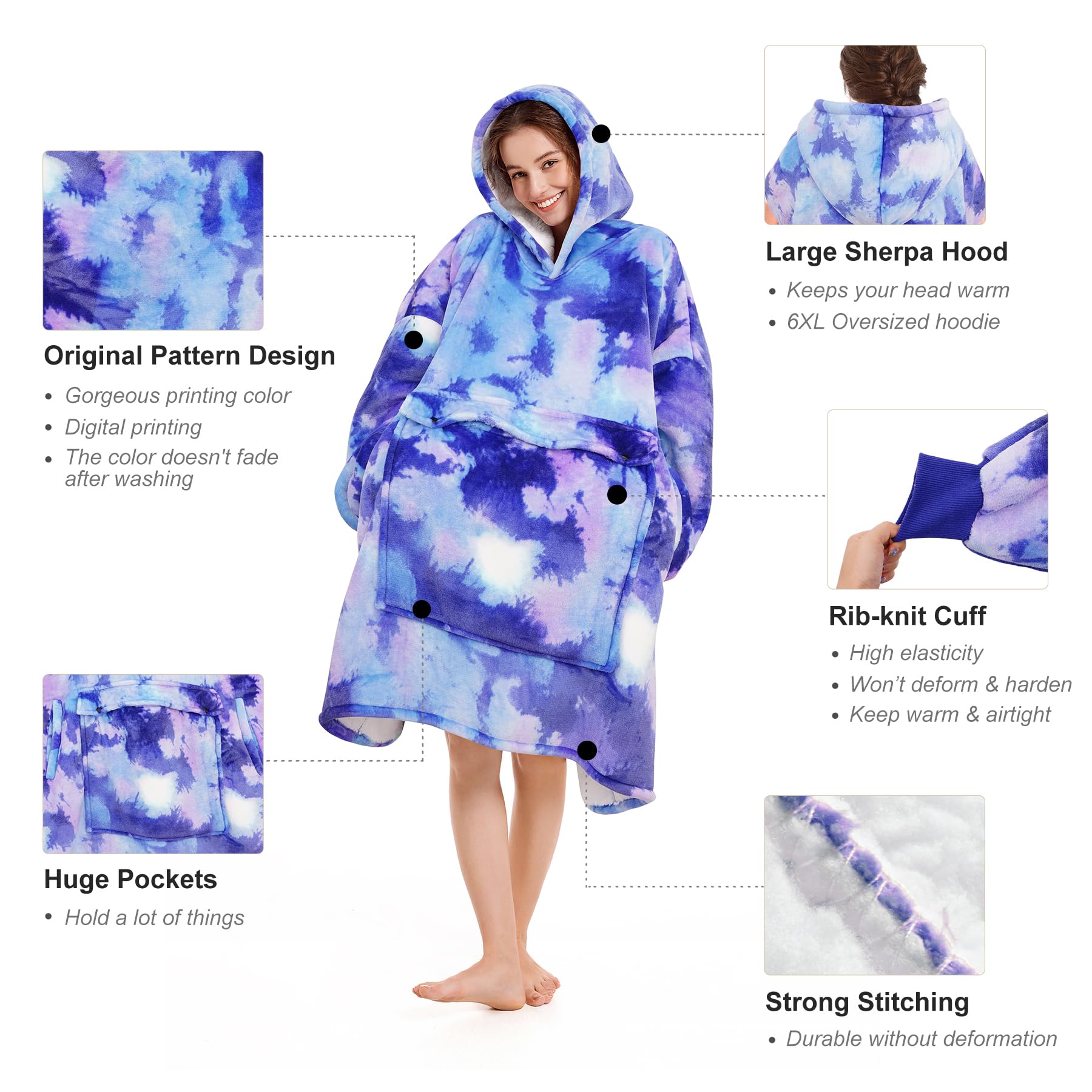 Narecte Narecte Oversized Blanket Hoodie for Women Cozy Wearable Sweatshirt Birthday Gifts for Sister Teen Girls Tie Dye Blue - View 3 of 6