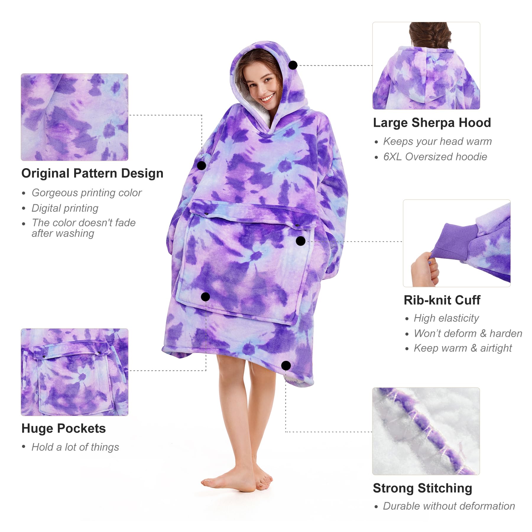 Narecte Narecte Oversized Blanket Hoodie for Women Cozy Tie Dye Purple Wearable Sweatshirt Birthday Gifts for Sister and Teen Girls - View 3 of 6