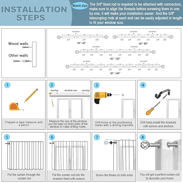 VOIIY VOIIY 2 Pack Curtain Rods 48 to 84 Inch Silver Drapery Rods with Twisted Cage Finials for Windows 36 to 88 Inch - View 8 of 11
