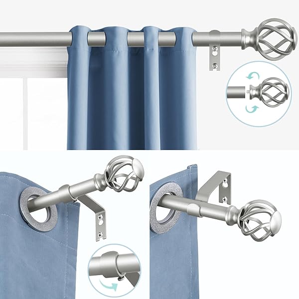VOIIY VOIIY 2 Pack Curtain Rods 48 to 84 Inch Silver Drapery Rods with Twisted Cage Finials for Windows 36 to 88 Inch - View 9 of 11