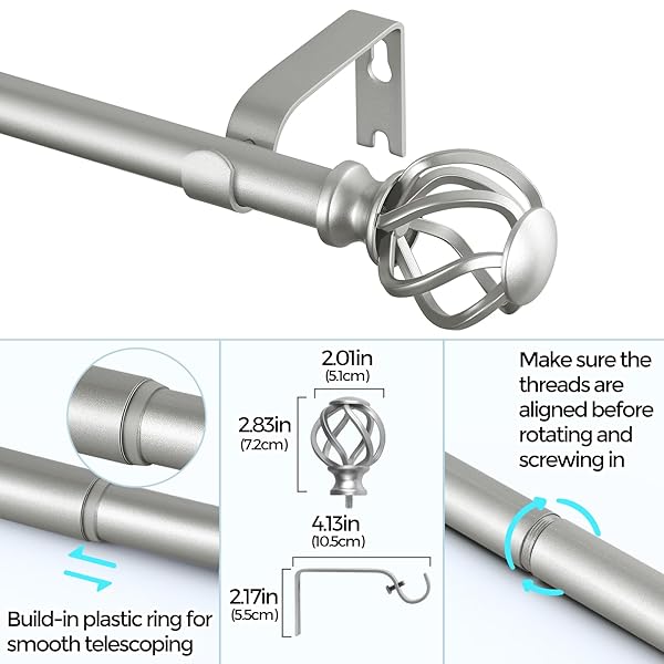 VOIIY VOIIY 2 Pack Curtain Rods 48 to 84 Inch Silver Drapery Rods with Twisted Cage Finials for Windows 36 to 88 Inch - View 10 of 11