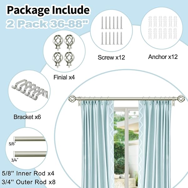 VOIIY VOIIY 2 Pack Curtain Rods 48 to 84 Inch Silver Drapery Rods with Twisted Cage Finials for Windows 36 to 88 Inch - View 11 of 11