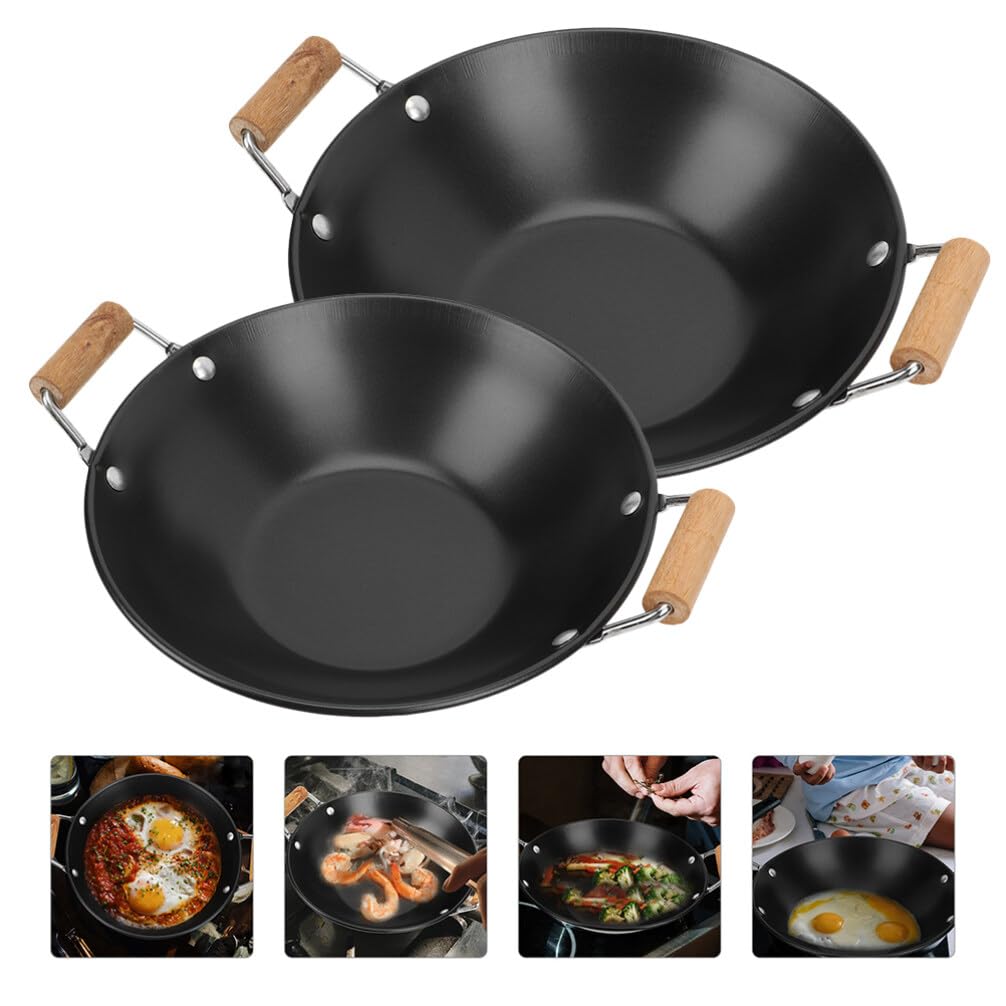 DOITOOL DOITOOL 2PCS Nonstick Carbon Steel Wok Pan with Wooden Handles for Electric Gas Halogen Restaurant Kitchen Cooking - View 5 of 9