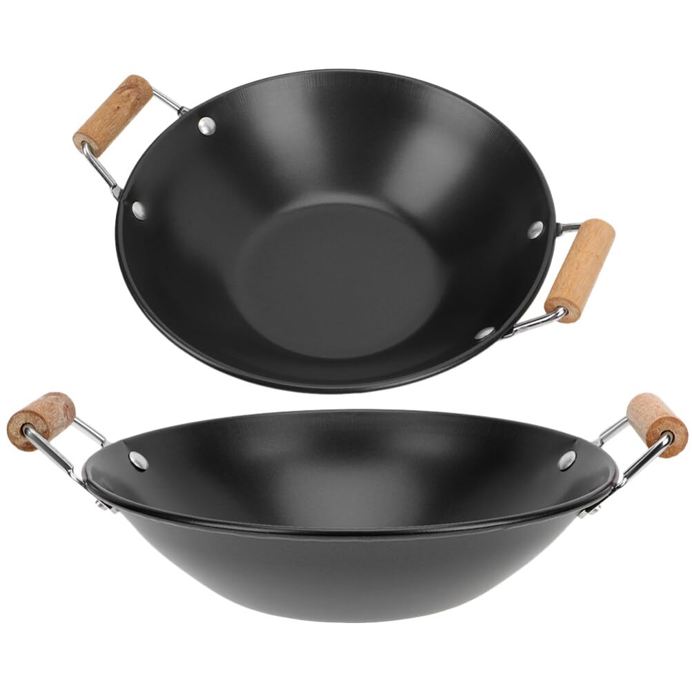 DOITOOL 2PCS Nonstick Carbon Steel Wok Pan with Wooden Handles for Electric Gas Halogen Restaurant Kitchen Cooking
