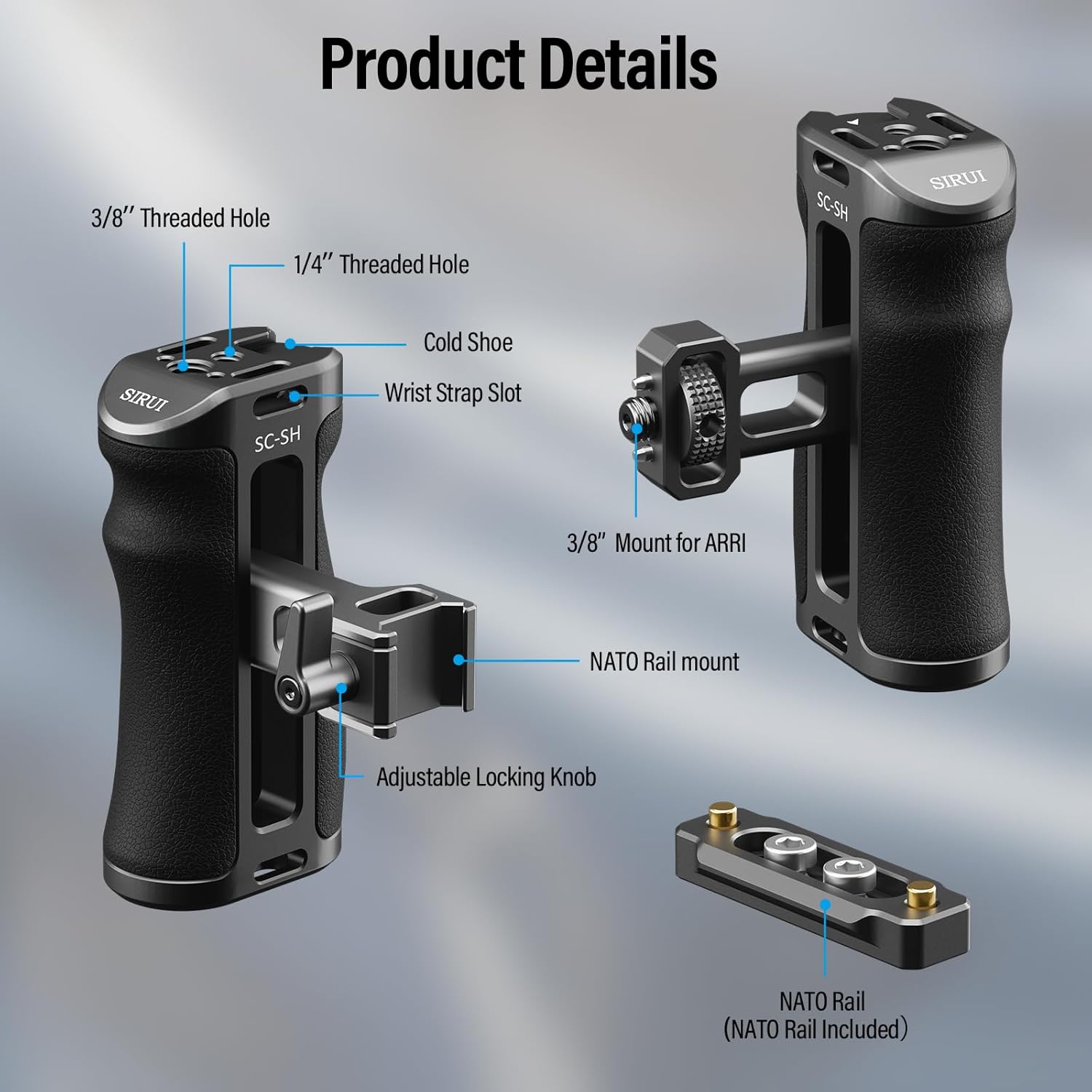 Sirui SIRUI Camera Cage Side Handle Adjustable Aluminum Handgrip with Cold Shoe and Mounts for ARRI Dark Grey and Black SC-SH - View 2 of 9