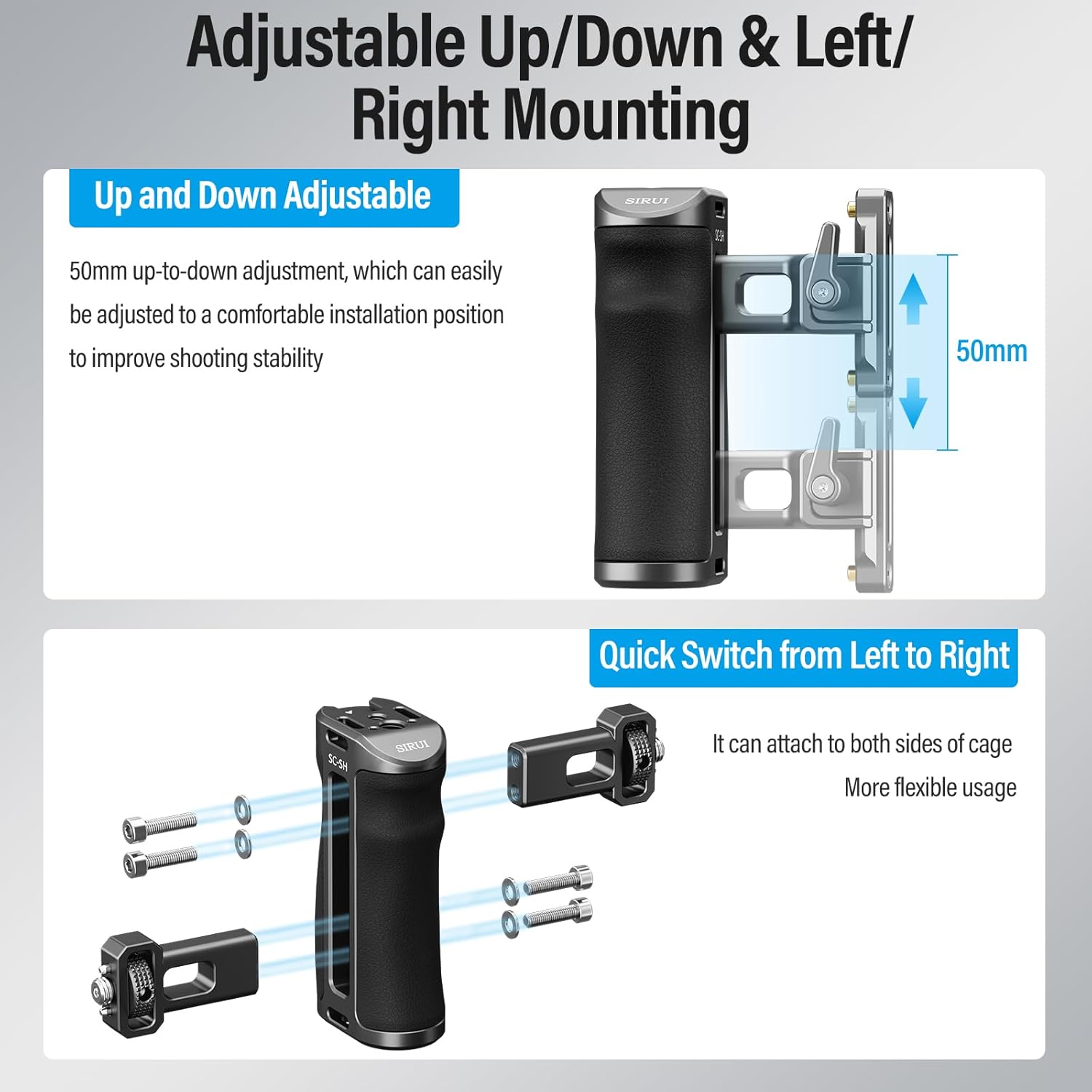 Sirui SIRUI Camera Cage Side Handle Adjustable Aluminum Handgrip with Cold Shoe and Mounts for ARRI Dark Grey and Black SC-SH - View 4 of 9