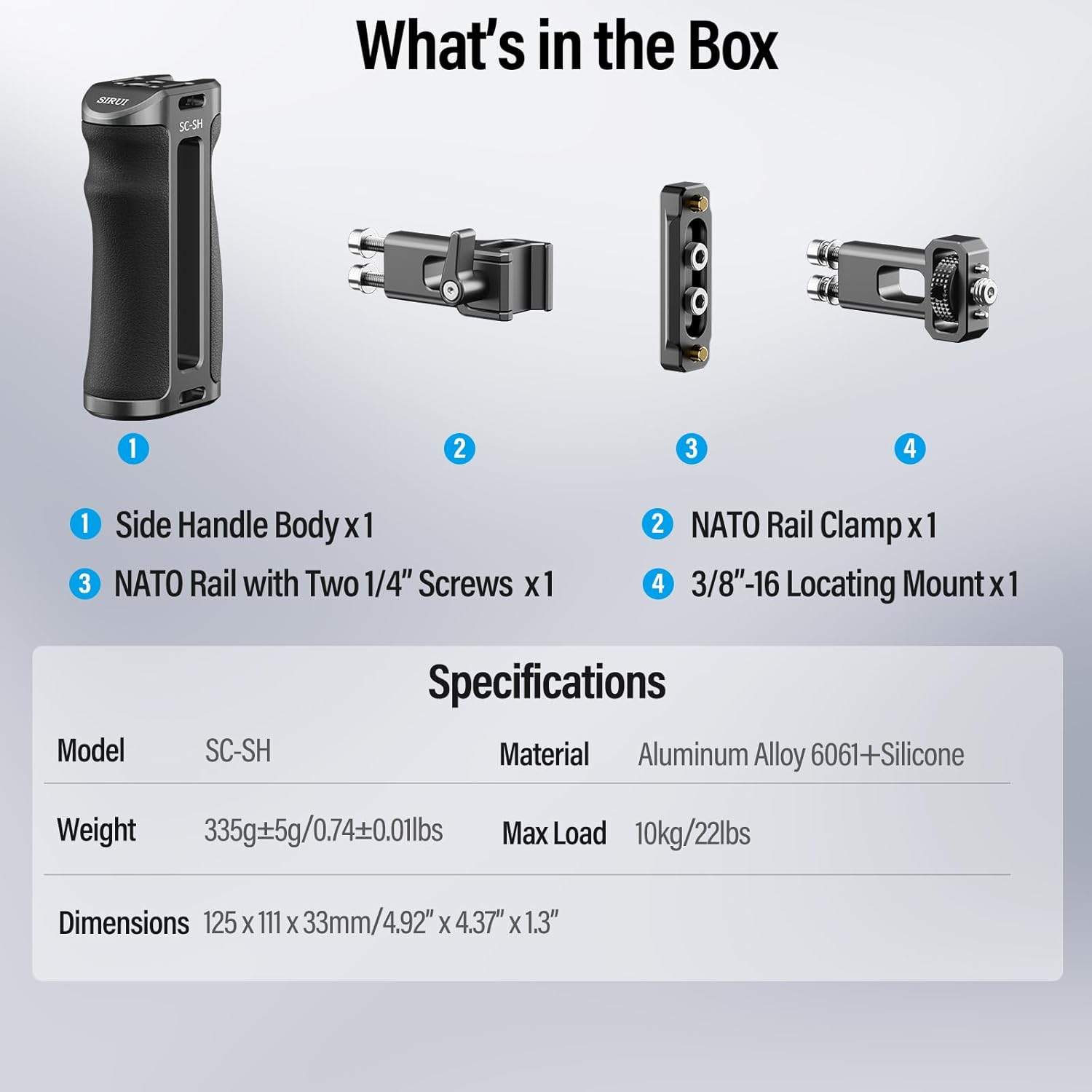 Sirui SIRUI Camera Cage Side Handle Adjustable Aluminum Handgrip with Cold Shoe and Mounts for ARRI Dark Grey and Black SC-SH - View 9 of 9