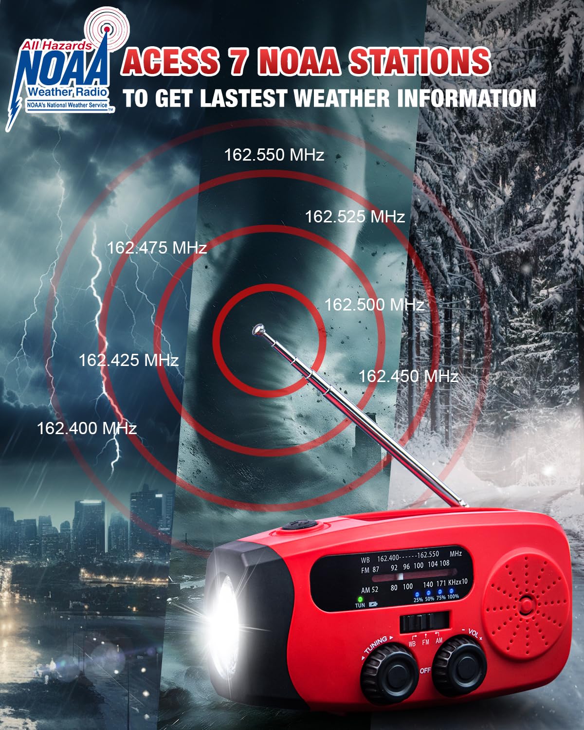 Emgykit Hand Crank Emergency Radio with Solar Power and LED Flashlights for Camping and Emergencies Red - View 4 of 8