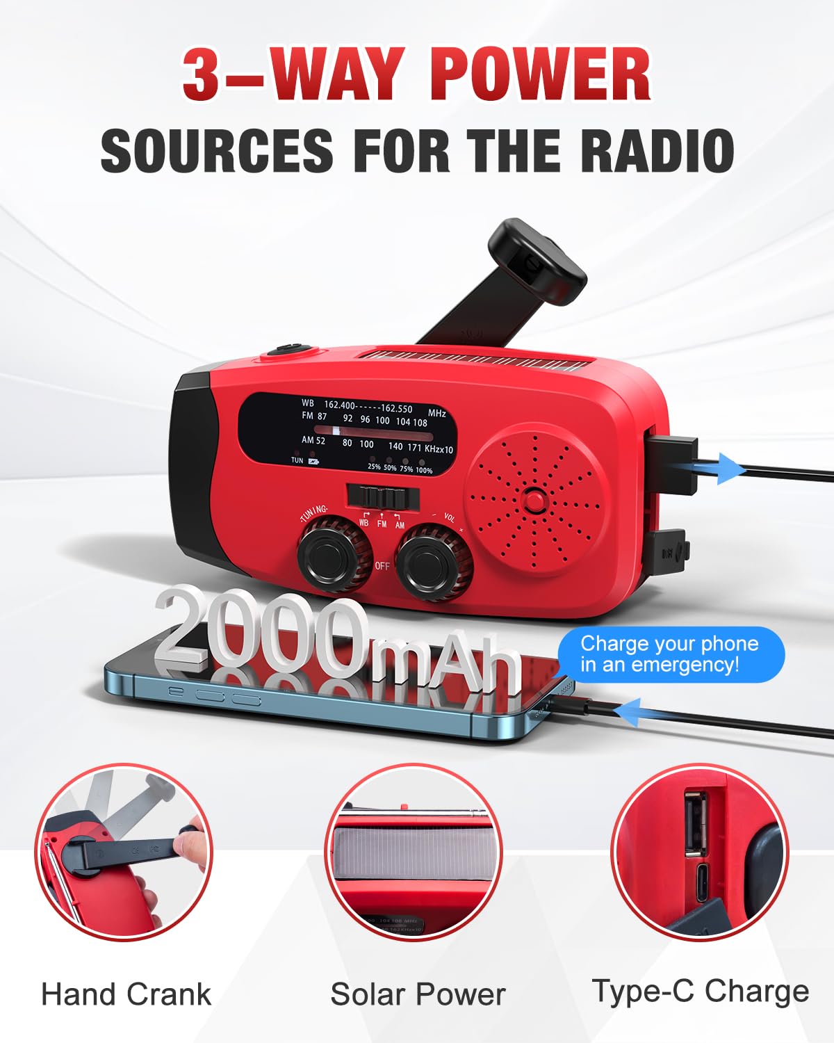 Emgykit Hand Crank Emergency Radio with Solar Power and LED Flashlights for Camping and Emergencies Red - View 6 of 8