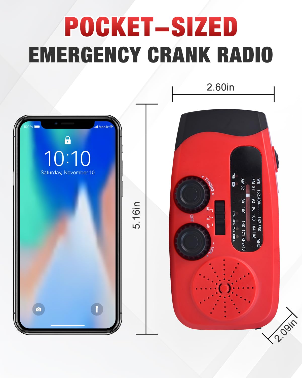 Emgykit Hand Crank Emergency Radio with Solar Power and LED Flashlights for Camping and Emergencies Red - View 7 of 8