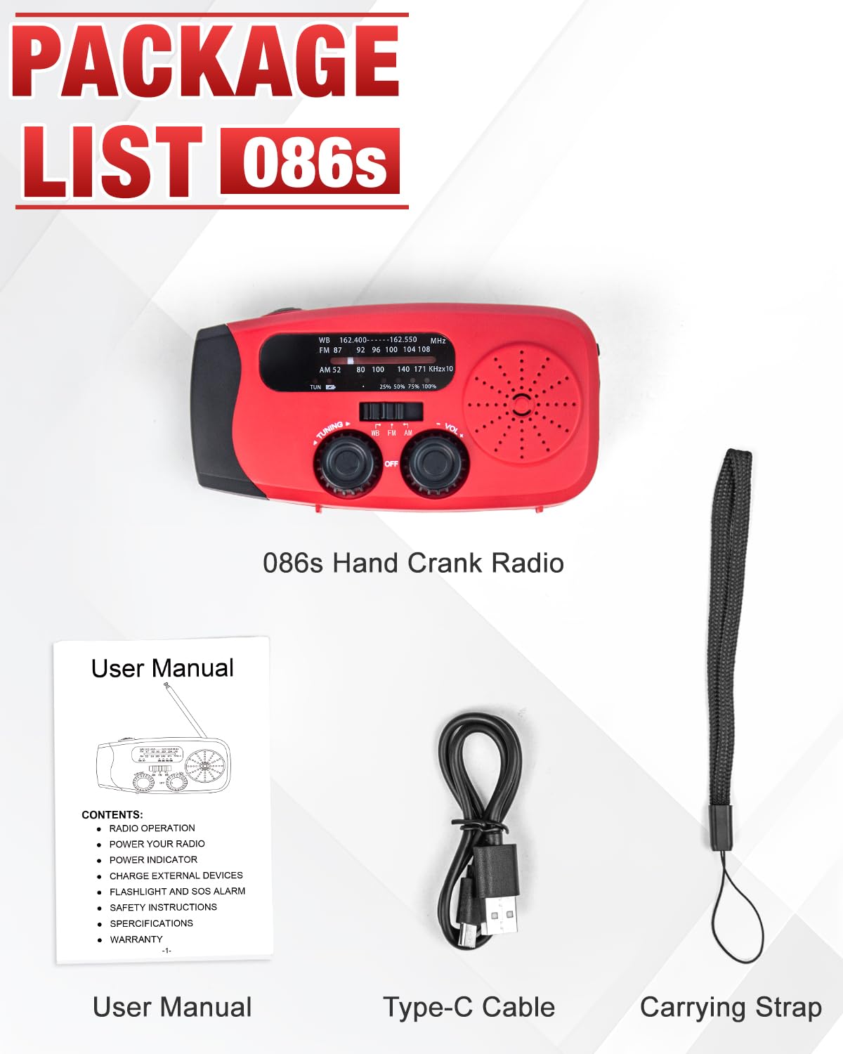 Emgykit Hand Crank Emergency Radio with Solar Power and LED Flashlights for Camping and Emergencies Red - View 8 of 8