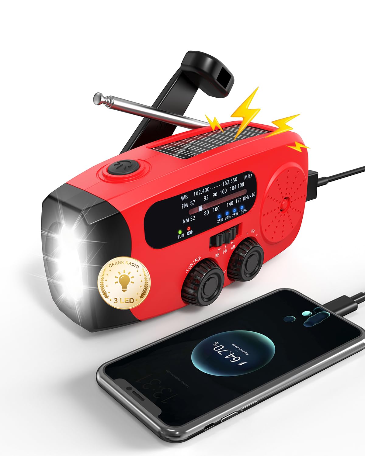 Emgykit Hand Crank Emergency Radio with Solar Power and LED Flashlights for Camping and Emergencies Red