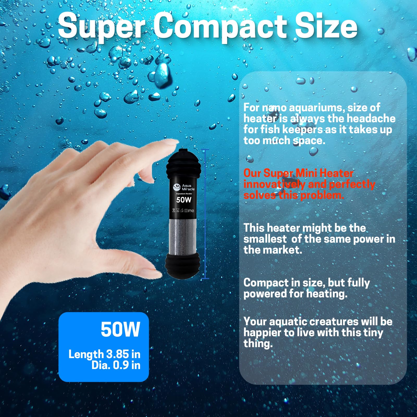 AquaMiracle AquaMiracle 50W Small Aquarium Heater with Dry-Run Protection and Dual LED Display for 5-10 Gallon Fish and Turtle Tanks - View 2 of 9
