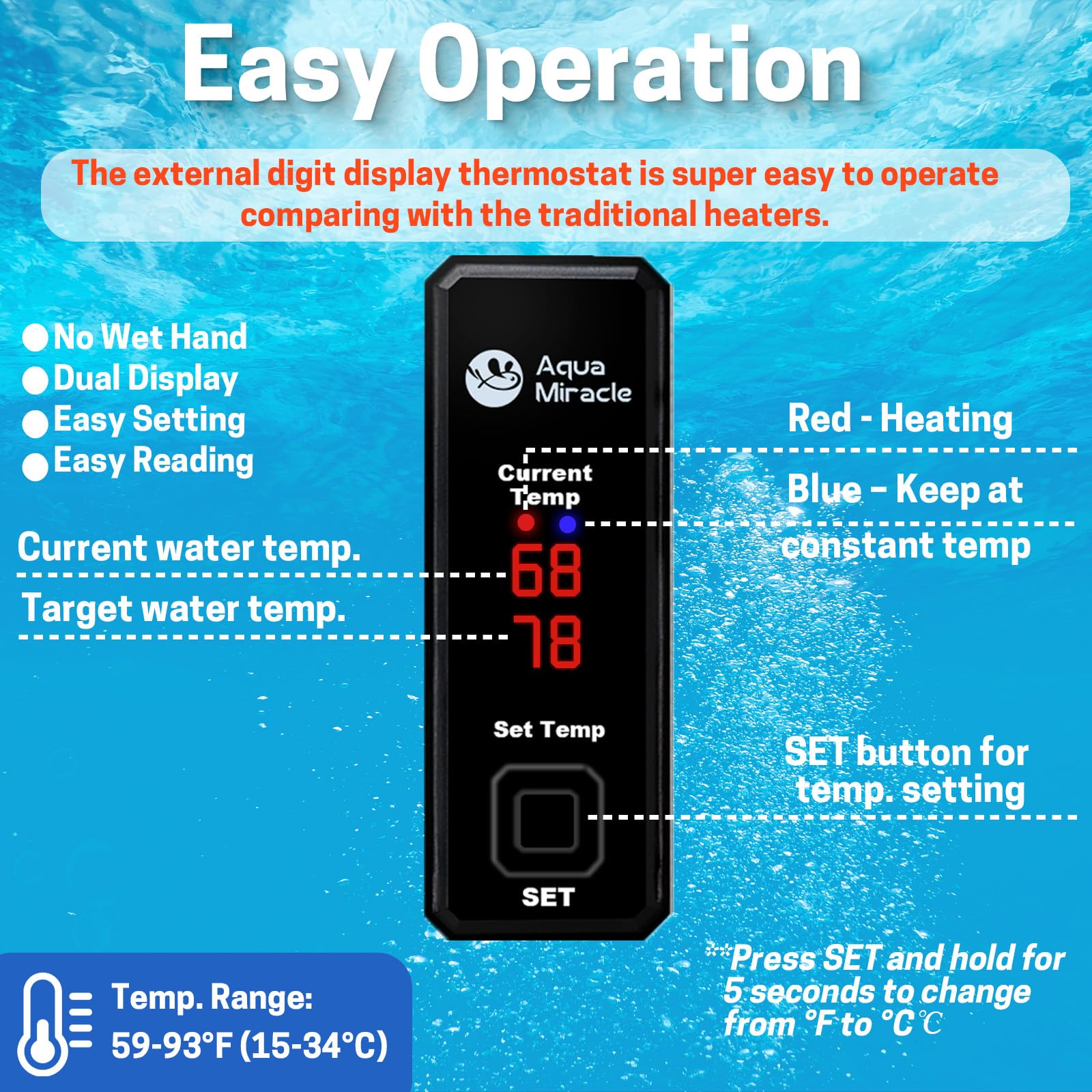 AquaMiracle AquaMiracle 50W Small Aquarium Heater with Dry-Run Protection and Dual LED Display for 5-10 Gallon Fish and Turtle Tanks - View 5 of 9