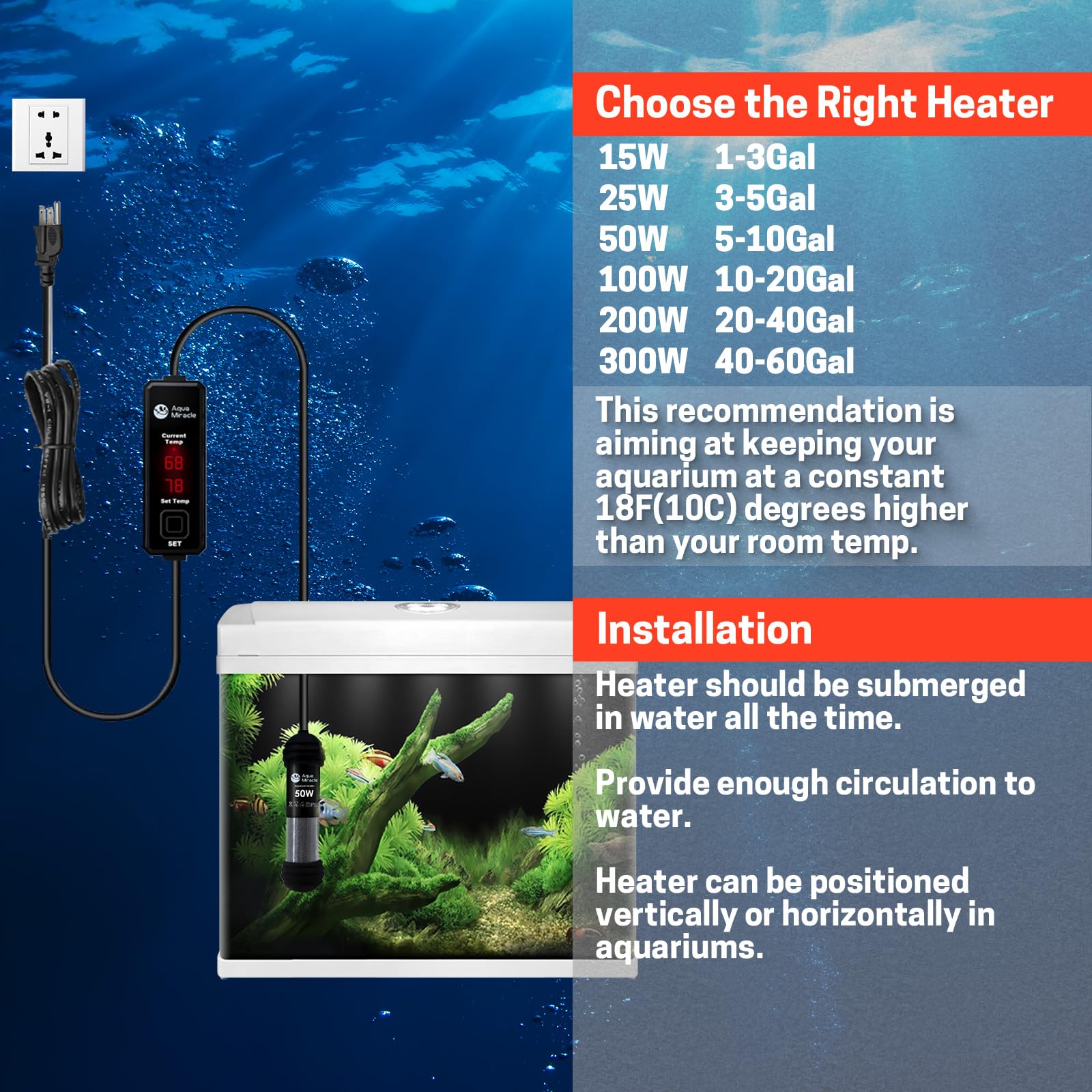 AquaMiracle AquaMiracle 50W Small Aquarium Heater with Dry-Run Protection and Dual LED Display for 5-10 Gallon Fish and Turtle Tanks - View 7 of 9